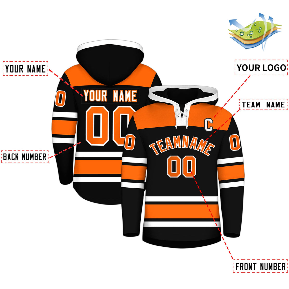 Custom Hockey Hoodie Jersey Black Orange Raglan Sleeves Lace-Up Neck Personalized Jersey for Men &amp; Youth