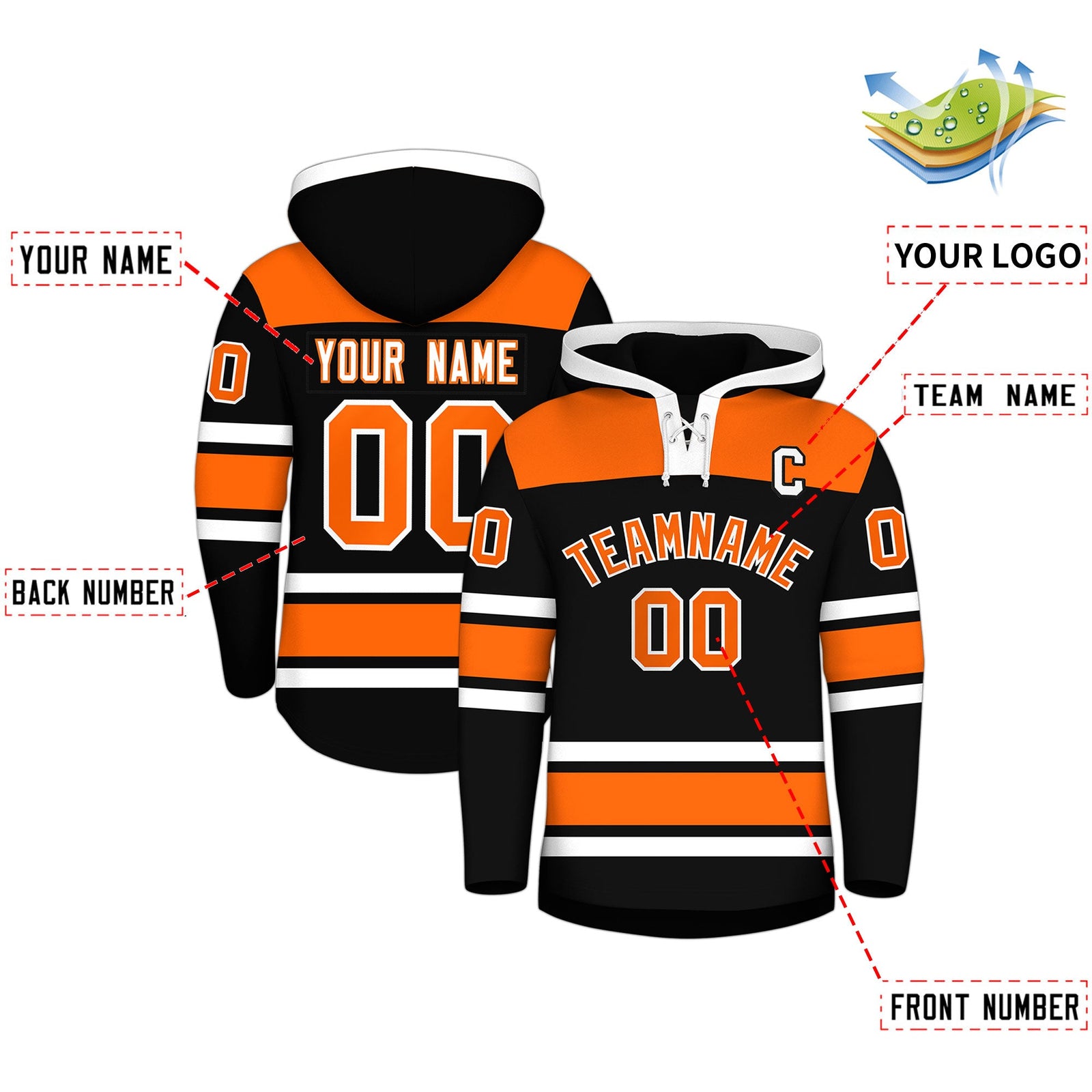 Custom Hockey Hoodie Jersey Black Orange Raglan Sleeves Lace-Up Neck Personalized Jersey for Men & Youth