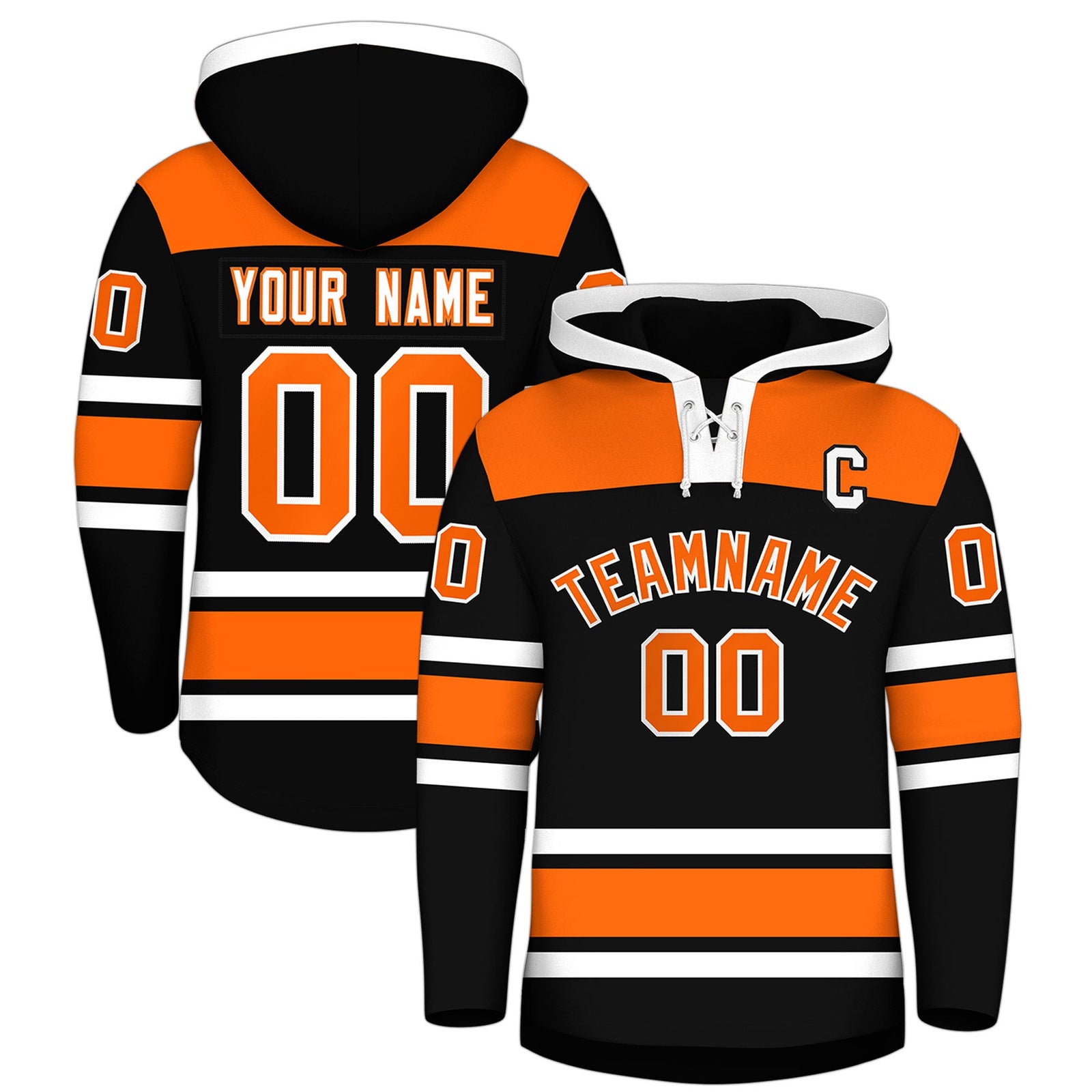 Custom Hockey Hoodie Jersey Black Orange Raglan Sleeves Lace-Up Neck Personalized Jersey for Men & Youth