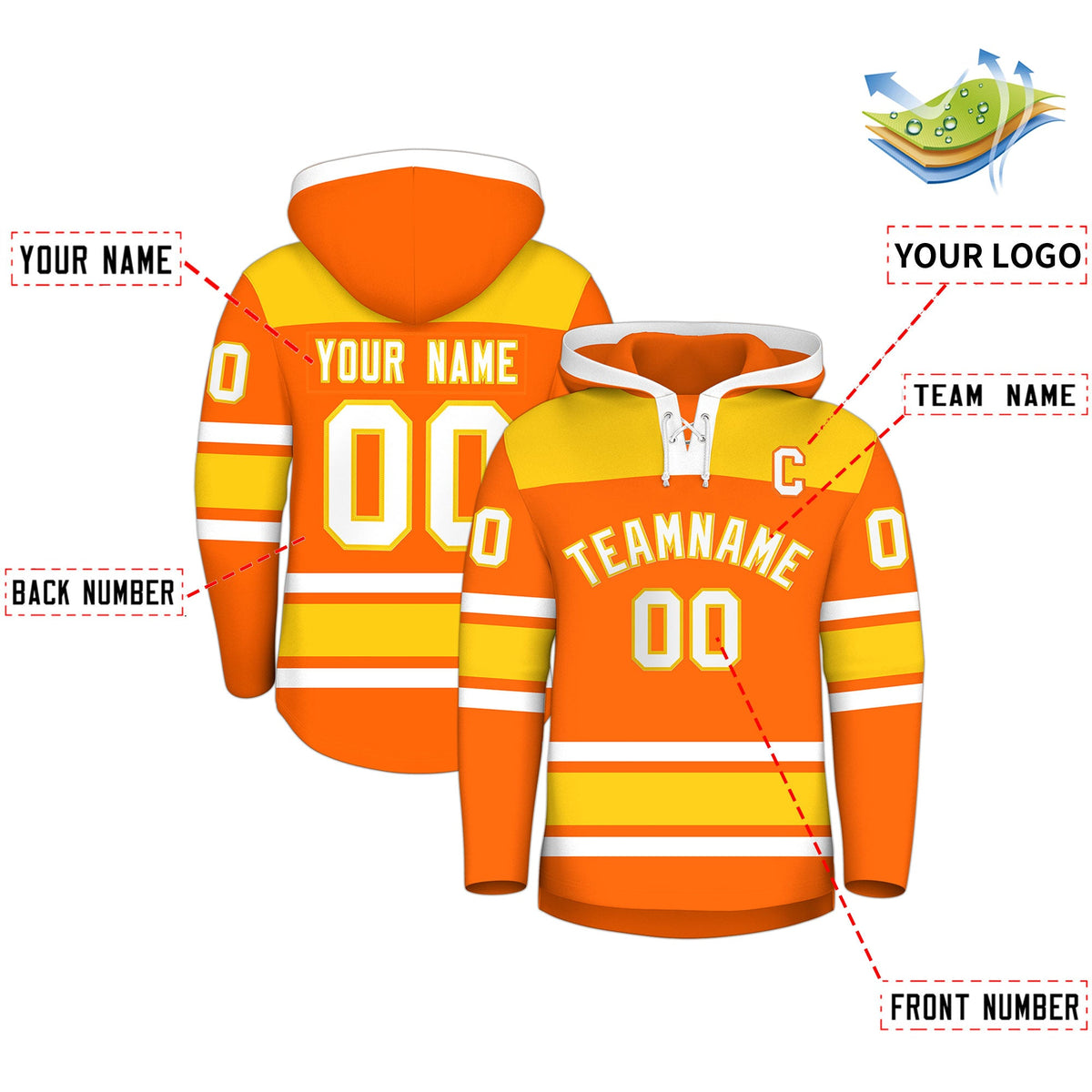 Custom Hockey Hoodie Jersey Orange Gold Raglan Sleeves Lace-Up Neck Personal Name &amp; Number &amp; Logo