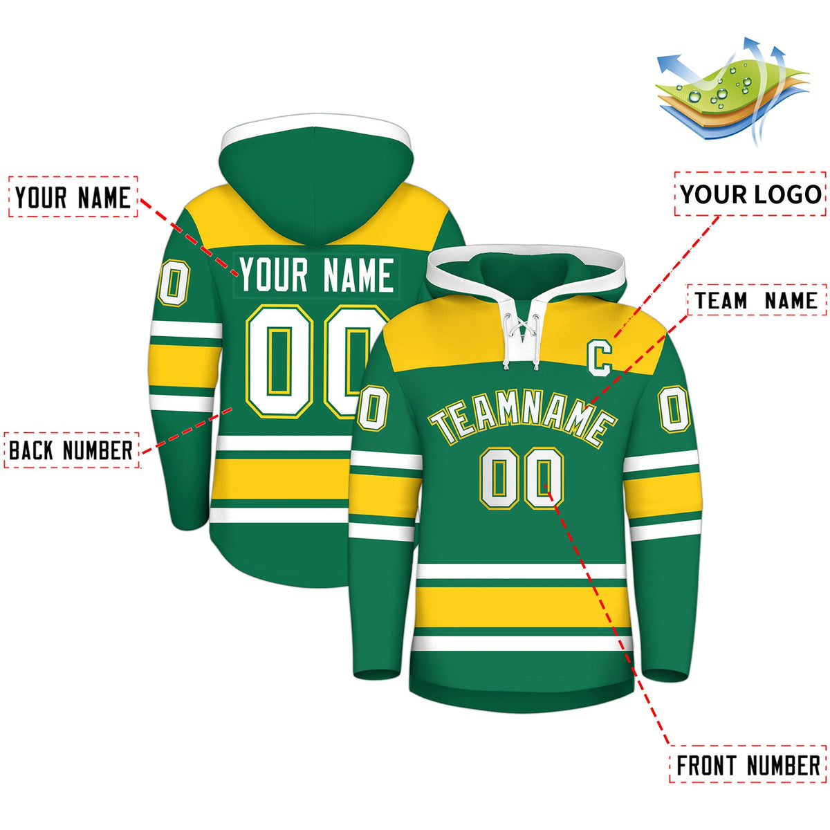 Custom Hockey Hoodie Jersey Kelly Green Gold Raglan Sleeves Lace-Up Neck Personalized Jersey for Men &amp; Youth