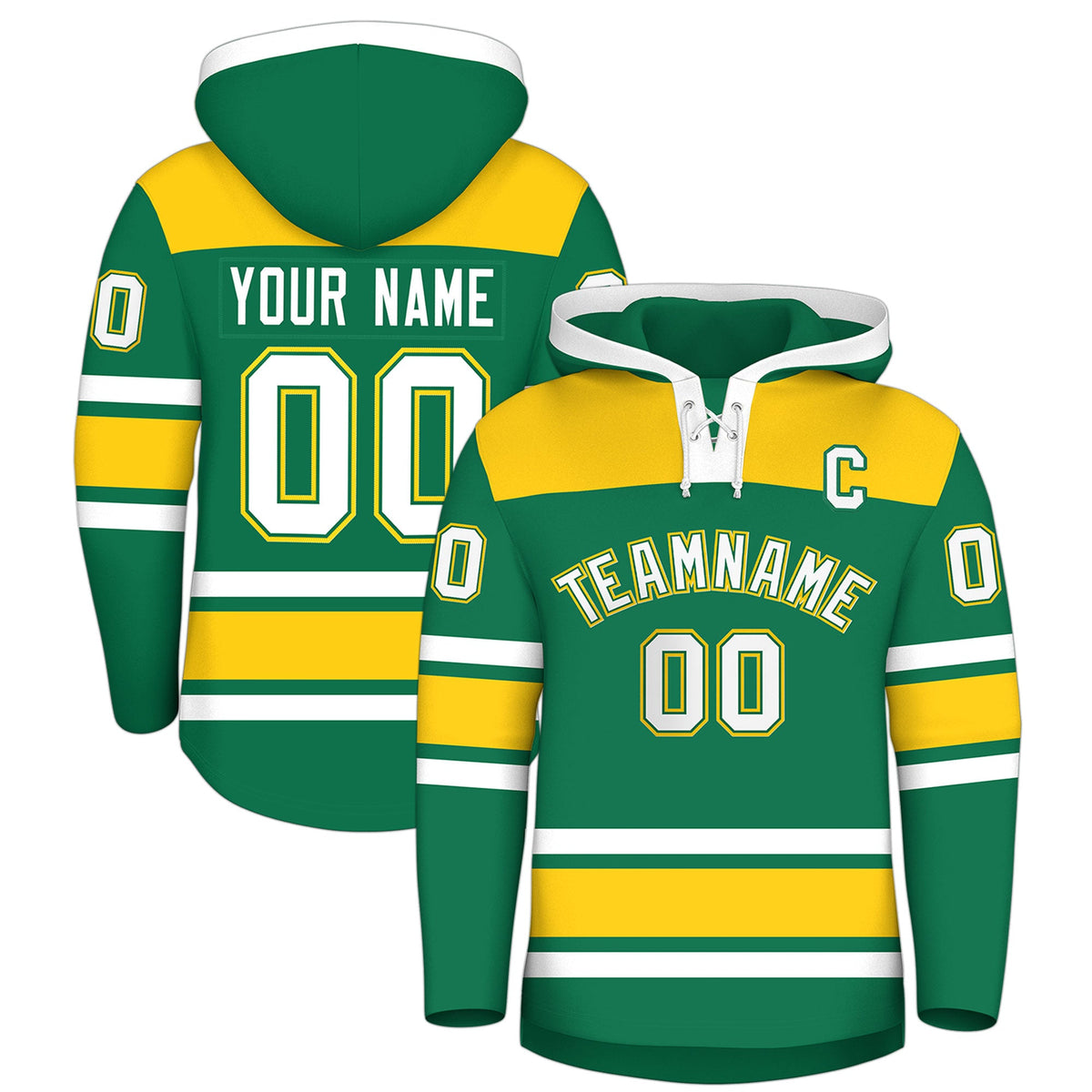 Custom Hockey Hoodie Jersey Kelly Green Gold Raglan Sleeves Lace-Up Neck Personalized Jersey for Men &amp; Youth