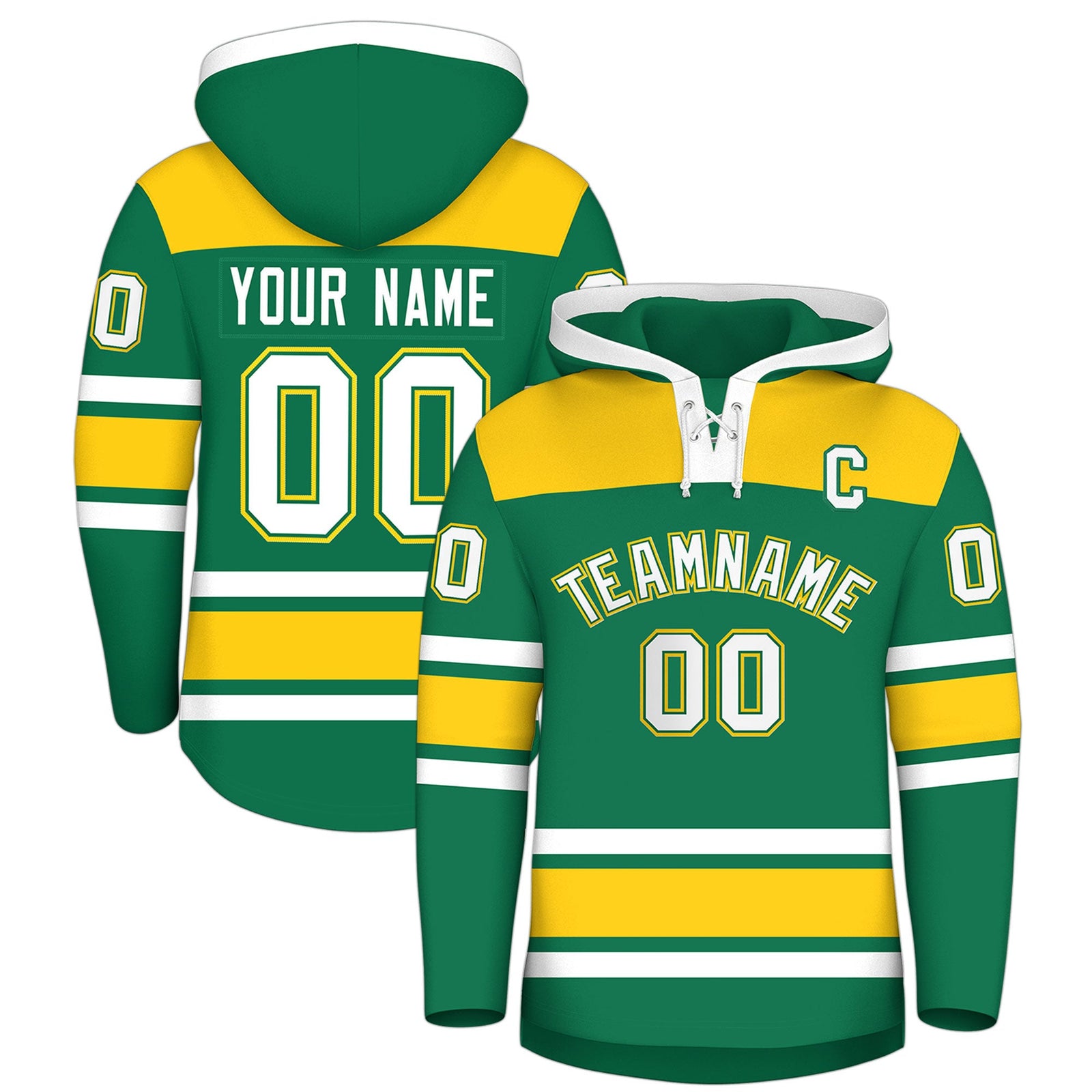 Custom Hockey Hoodie Jersey Kelly Green Gold Raglan Sleeves Lace-Up Neck Personalized Jersey for Men & Youth
