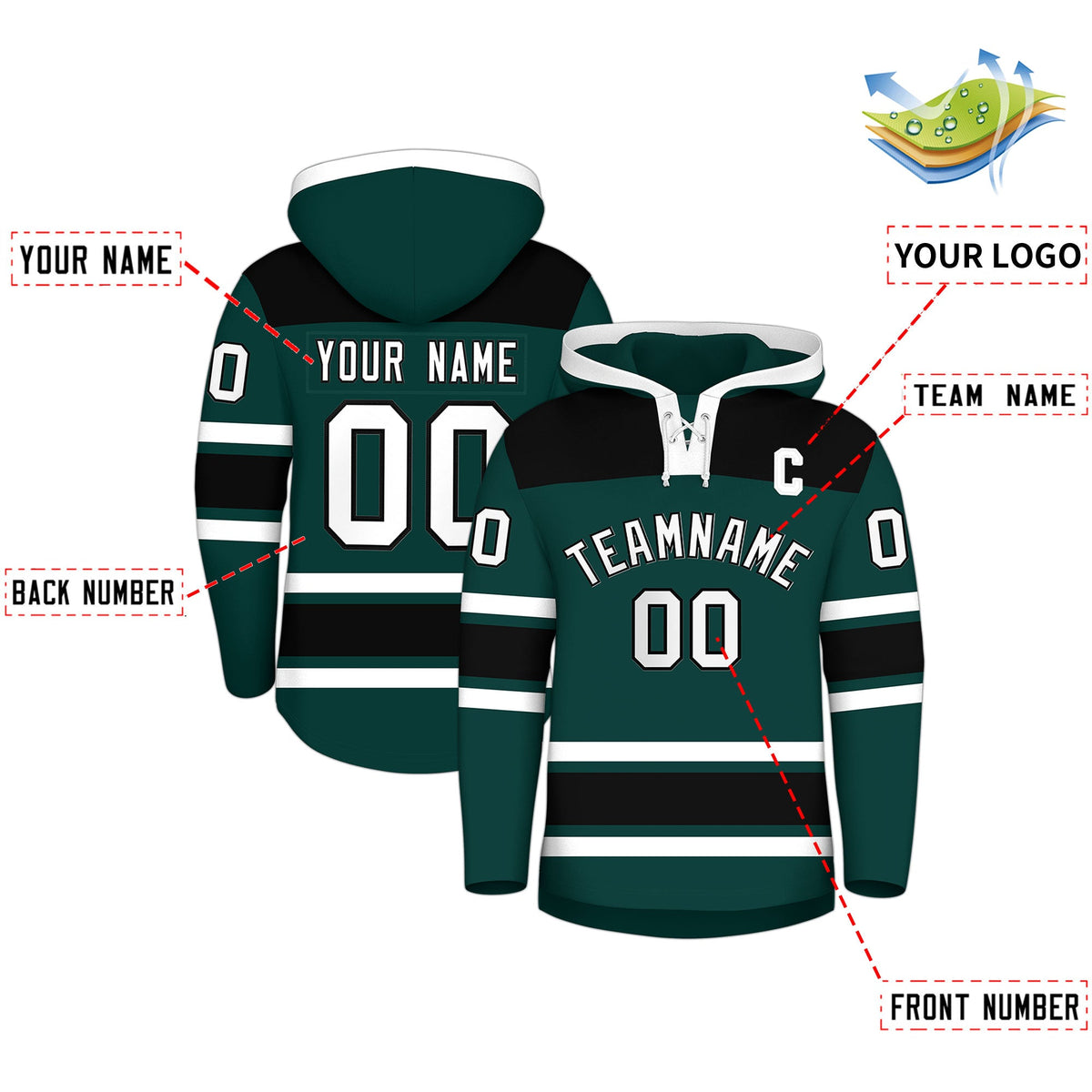 Custom Hockey Hoodie Jersey Midnight Green Black Raglan Sleeves Lace-Up Neck Personal Name &amp; Number &amp; Logo