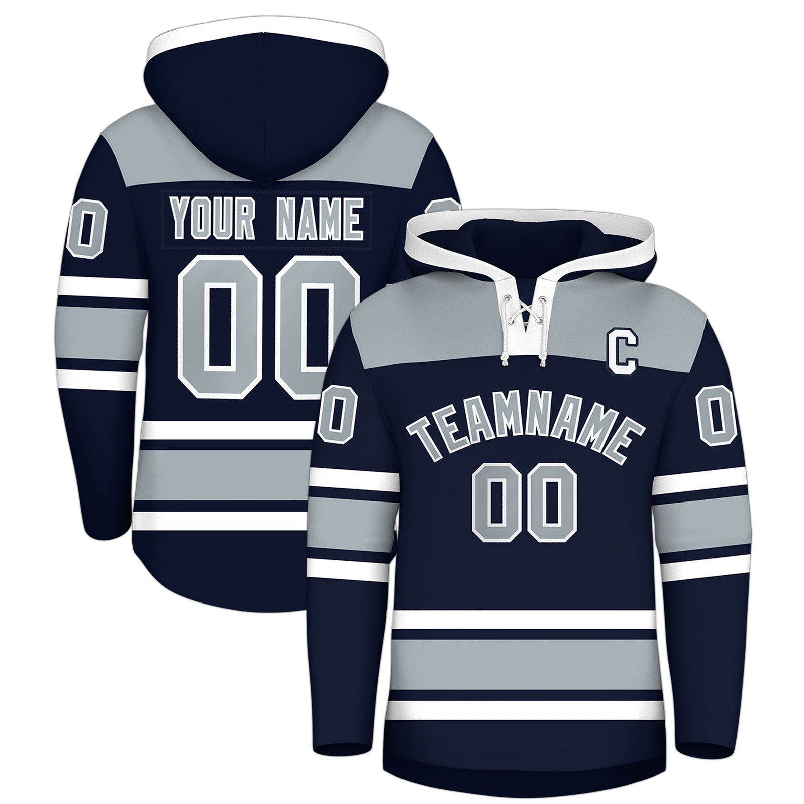 Custom Hockey Hoodie Jersey Navy Silver Raglan Sleeves Lace-Up Neck Personalized Jersey for Men & Youth