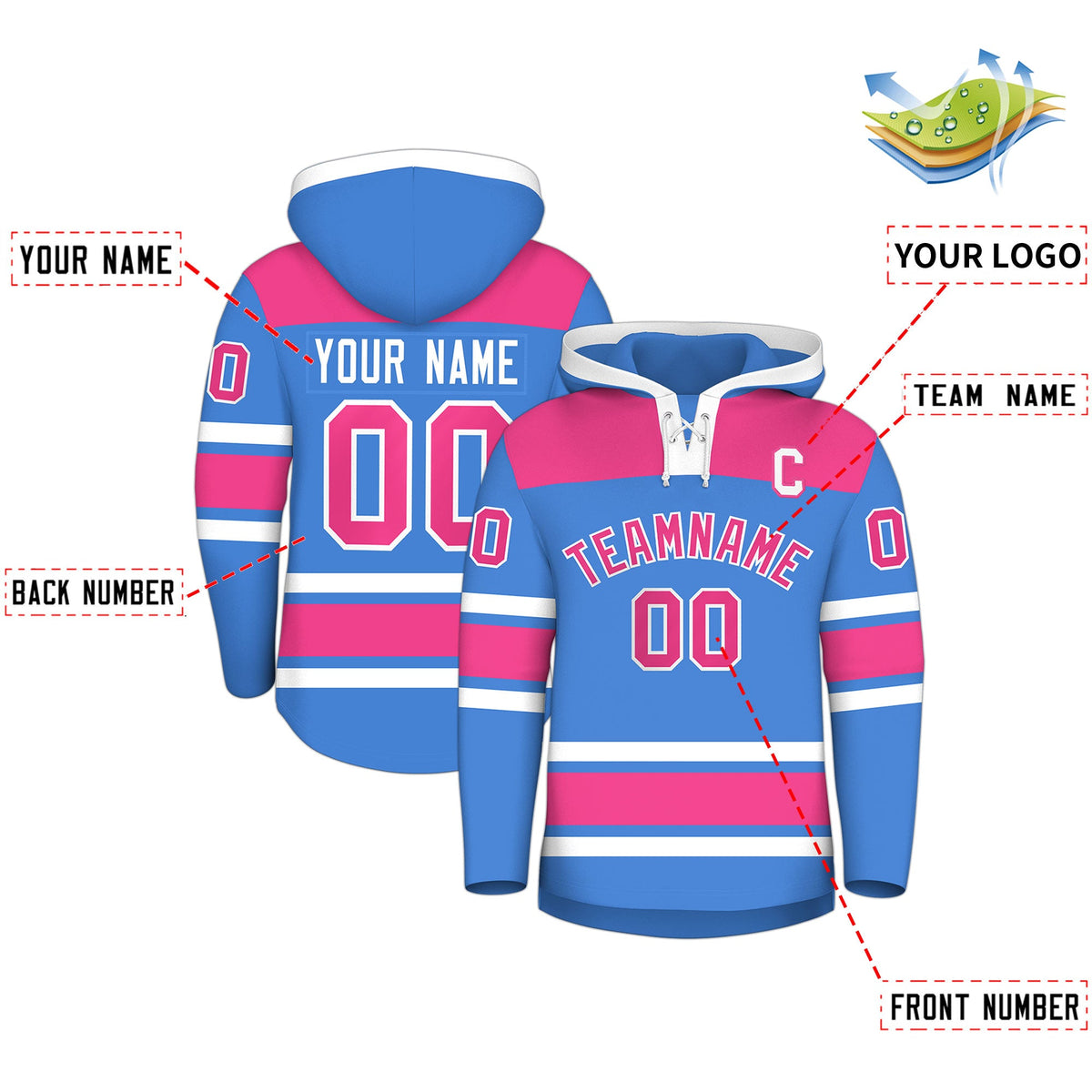 Custom Hockey Hoodie Jersey Powder Blue Raglan Sleeves Lace-Up Neck Personal Name &amp; Number &amp; Logo
