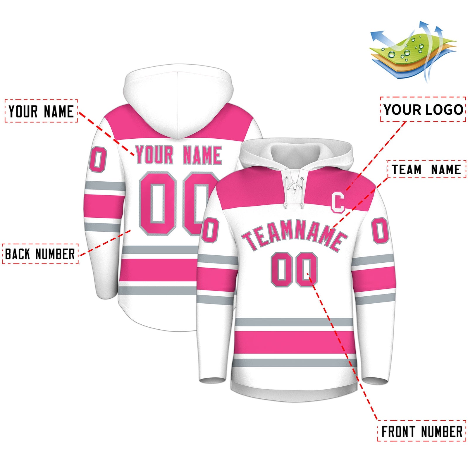 Custom Hockey Hoodie Jersey White Pink Raglan Sleeves Lace-Up Neck Personal Name & Number & Logo