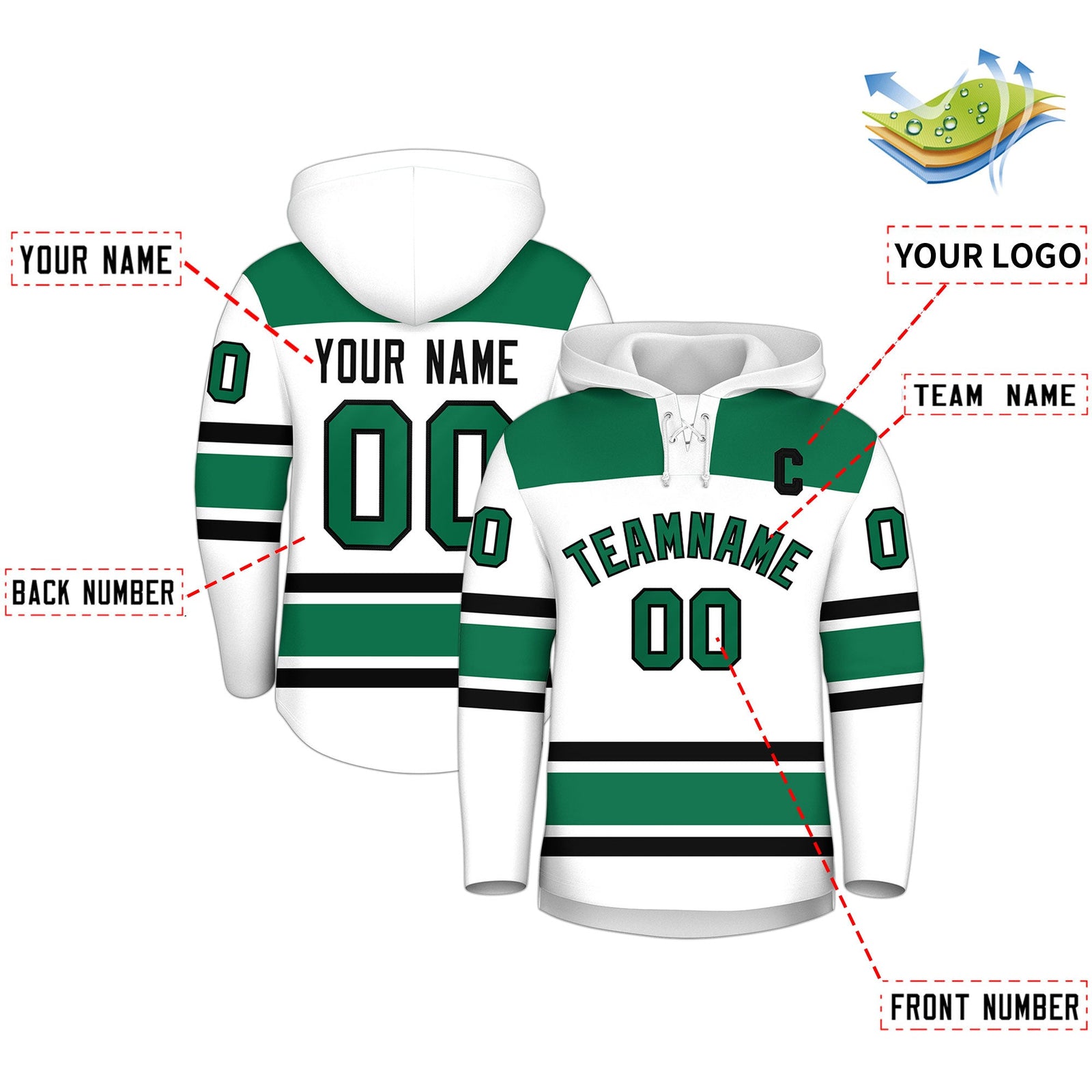 Custom Hockey Hoodie Jersey White Kelly Green Raglan Sleeves Lace-Up Neck Classic Team Colors Hoodie