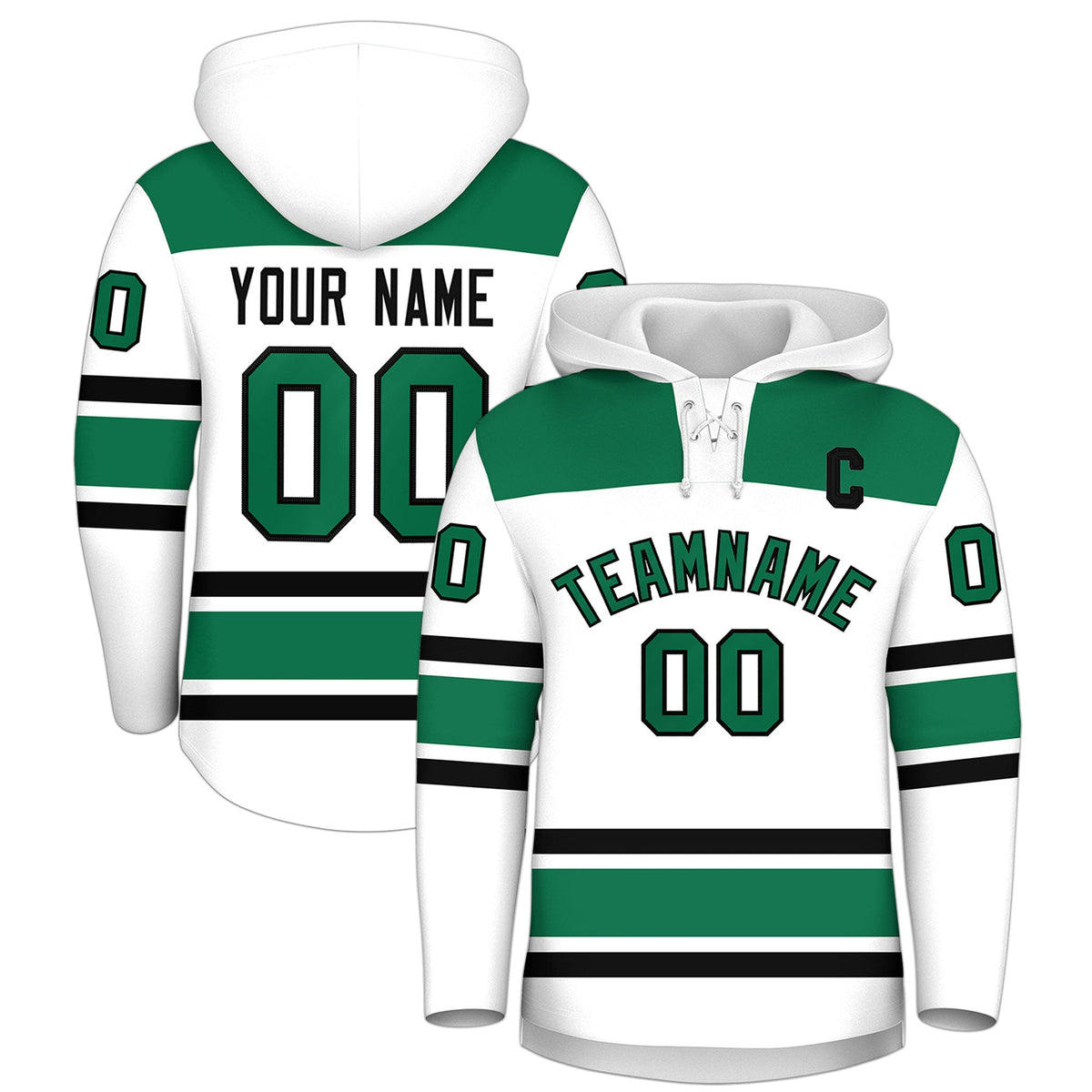 Custom Hockey Hoodie Jersey White Kelly Green Raglan Sleeves Lace-Up Neck Classic Team Colors Hoodie