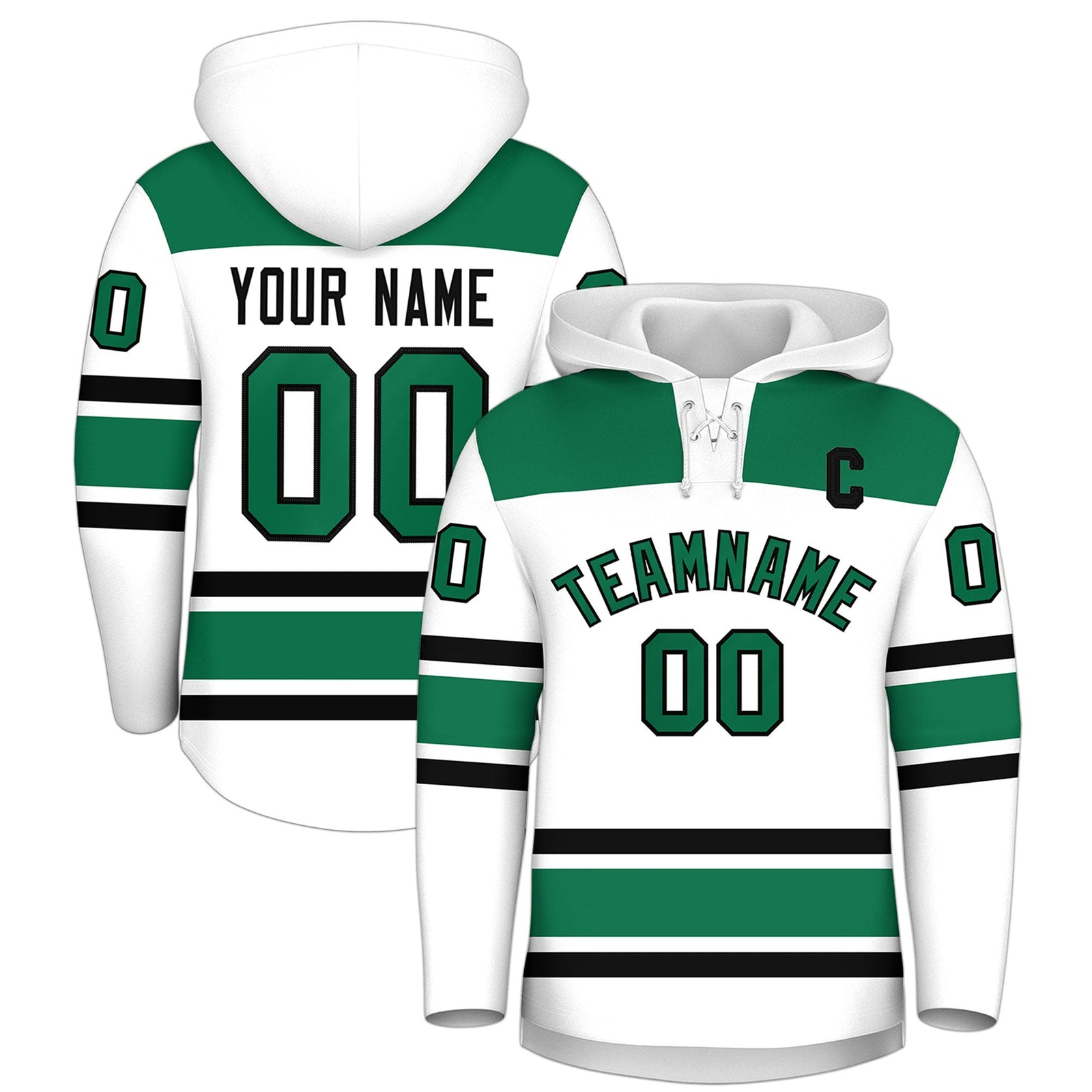 Custom Hockey Hoodie Jersey White Kelly Green Raglan Sleeves Lace-Up Neck Classic Team Colors Hoodie