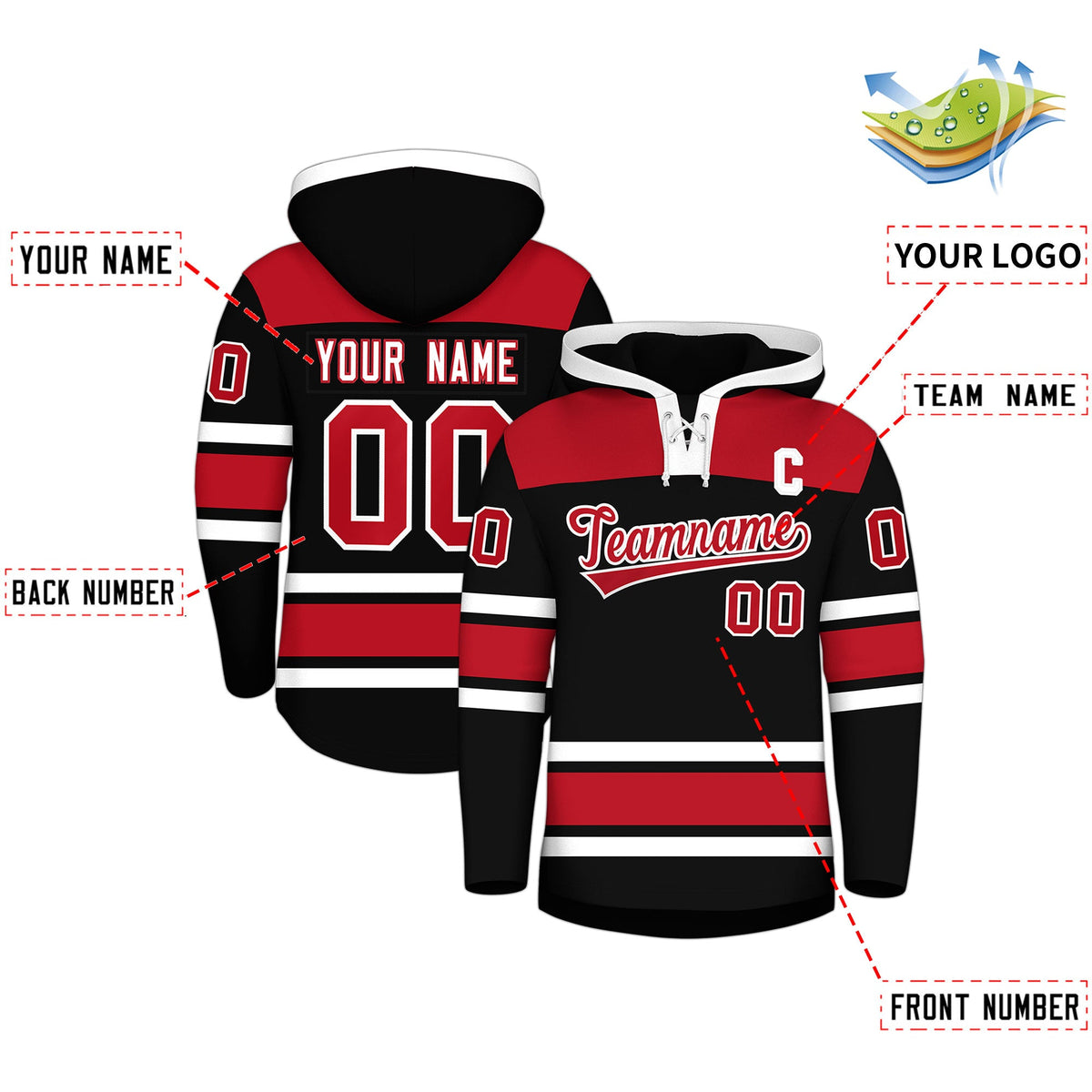 Custom Hockey Hoodie Jersey Black Red Raglan Sleeves Lace-Up Neck Personalized Jersey for Men &amp; Youth
