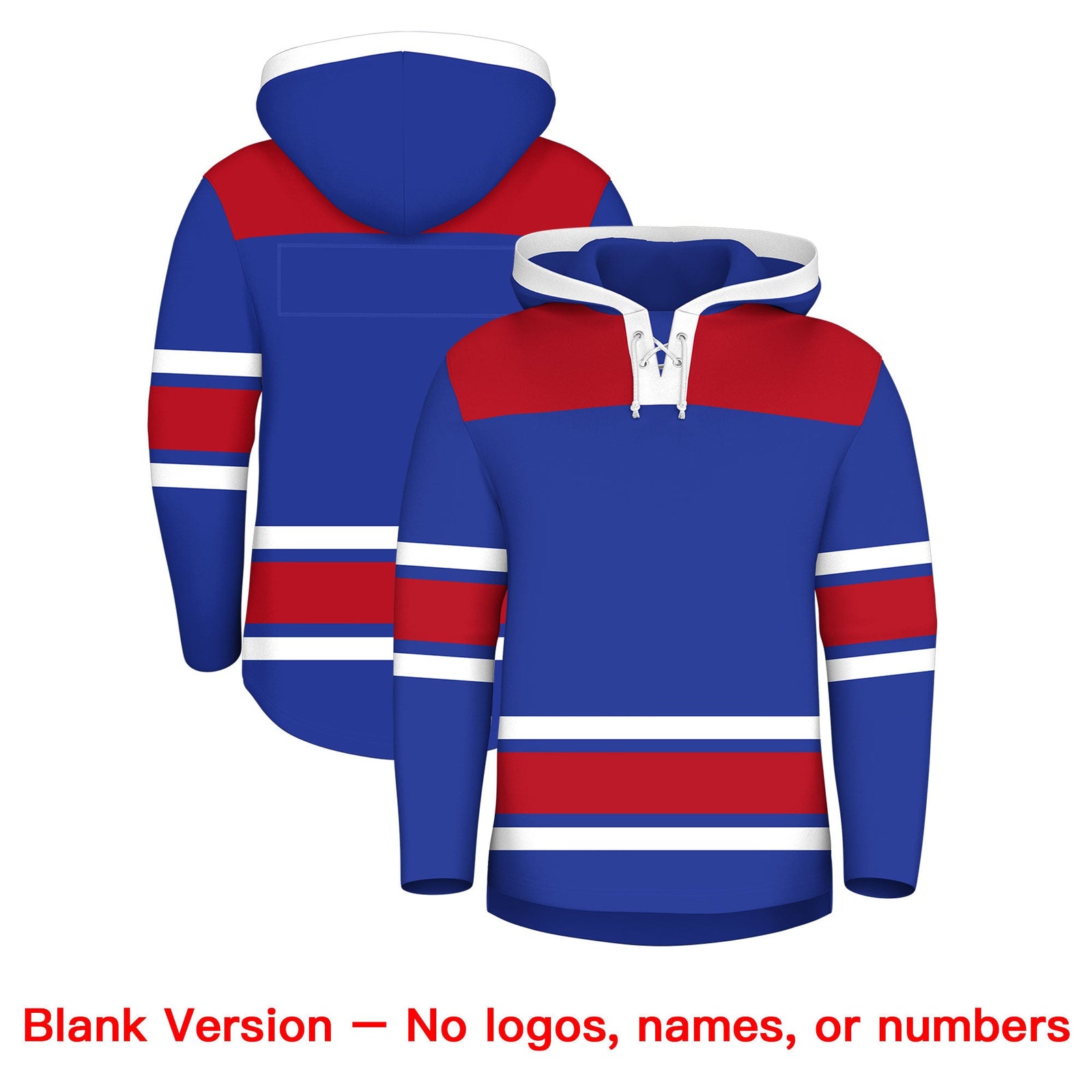 Custom Hockey Hoodie Jersey Royal Blue Red Raglan Sleeves Lace-Up Neck Personal Name & Number & Logo