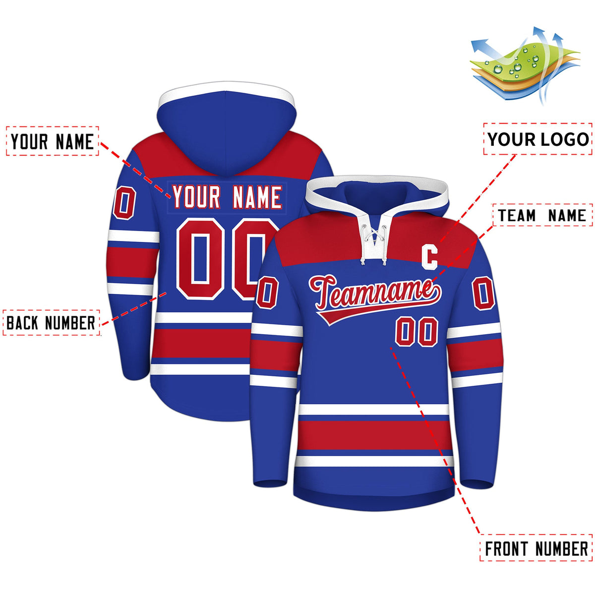 Custom Hockey Hoodie Jersey Royal Blue Red Raglan Sleeves Lace-Up Neck Personal Name &amp; Number &amp; Logo