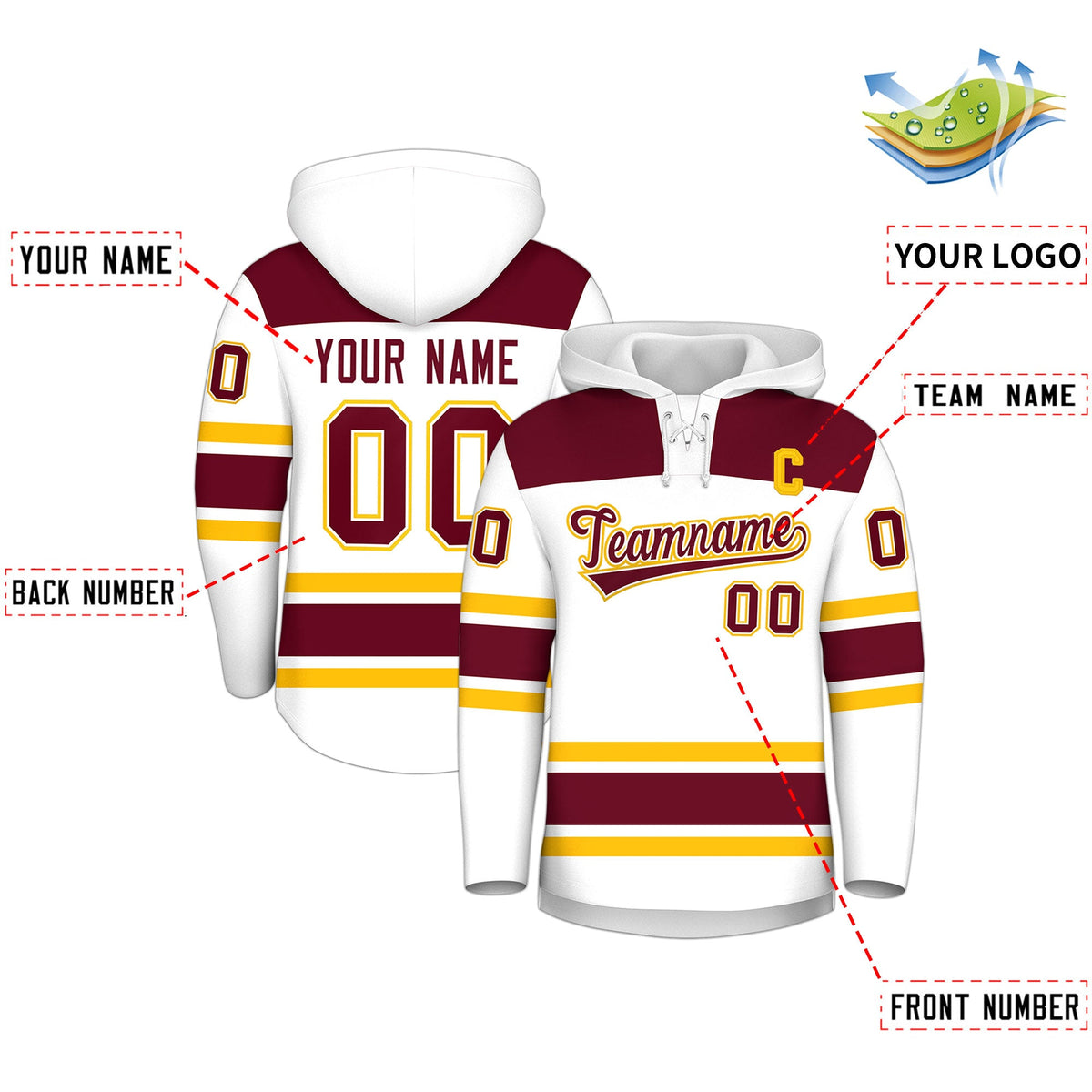 Custom Hockey Hoodie Jersey White Crimson Raglan Sleeves Lace-Up Neck Personalized Jersey for Men &amp; Youth
