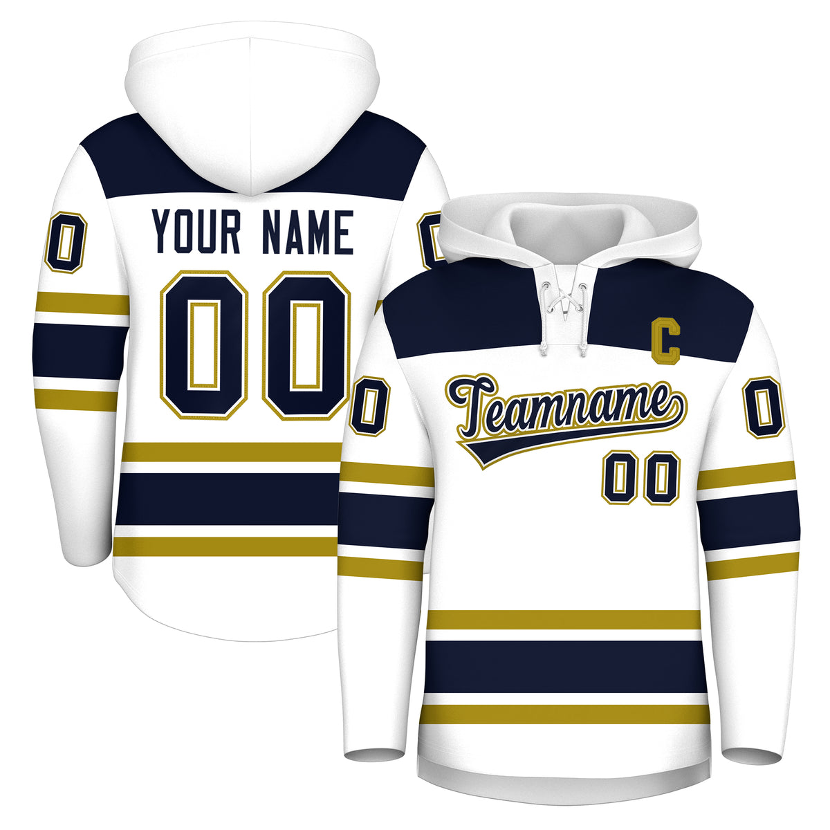 Custom Hockey Hoodie Jersey White Navy Raglan Sleeves Lace-Up Neck Personal Name &amp; Number &amp; Logo