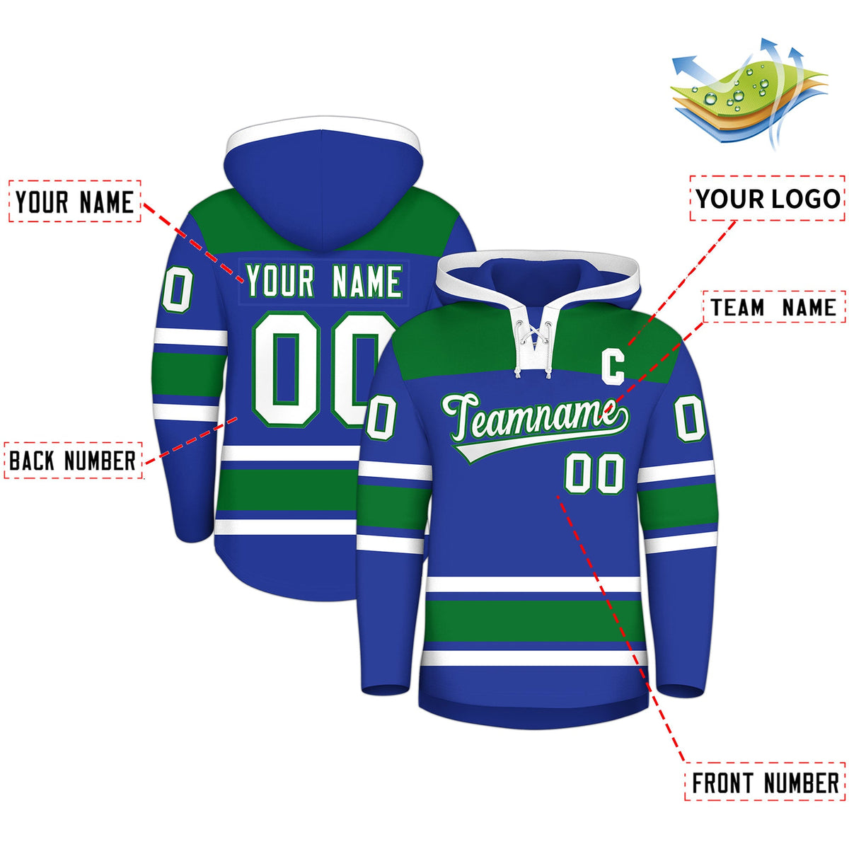 Custom Hockey Hoodie Jersey Royal Blue Kelly Green Raglan Sleeves Lace-Up Neck Classic Team Colors Hoodie