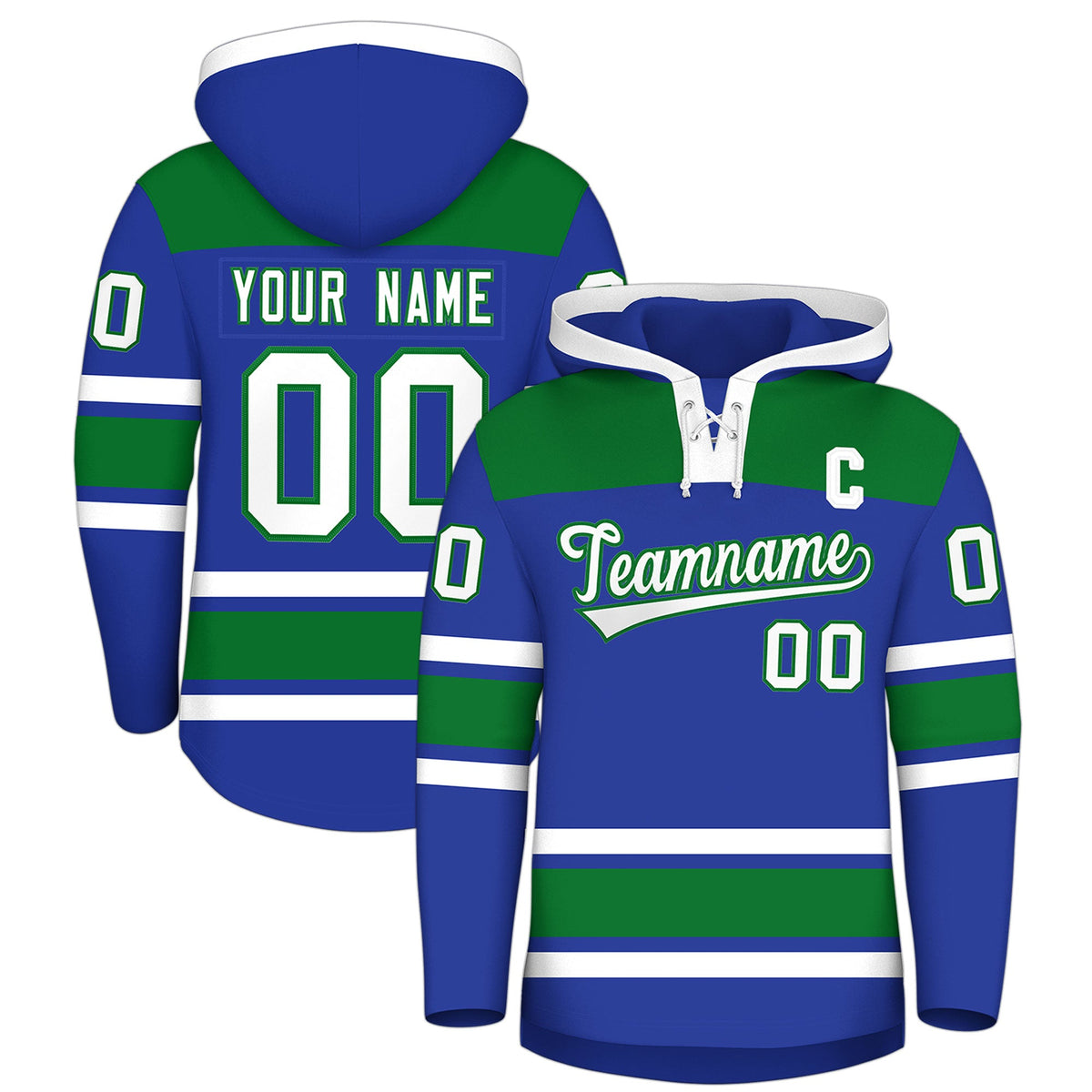 Custom Hockey Hoodie Jersey Royal Blue Kelly Green Raglan Sleeves Lace-Up Neck Classic Team Colors Hoodie