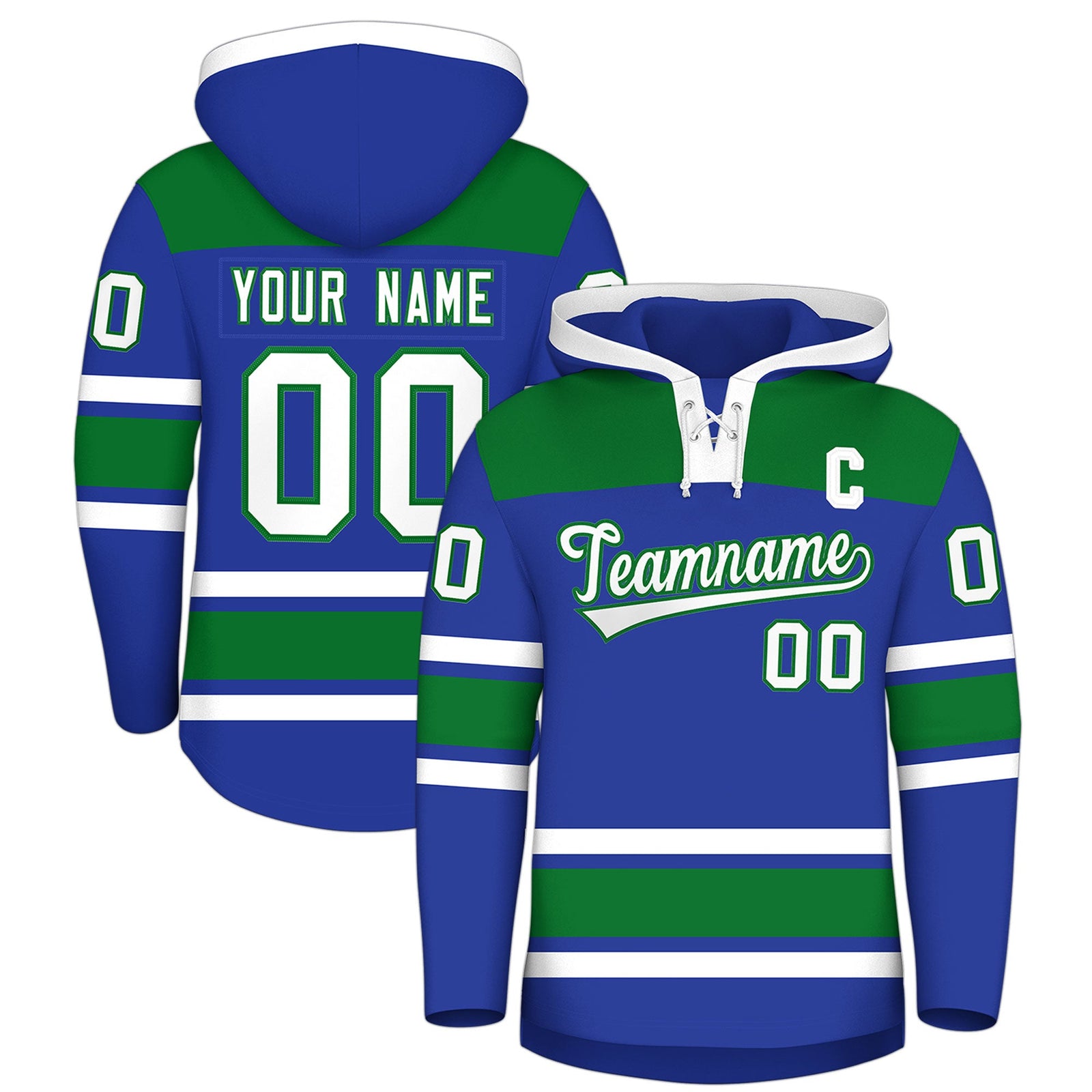 Custom Hockey Hoodie Jersey Royal Blue Kelly Green Raglan Sleeves Lace-Up Neck Classic Team Colors Hoodie