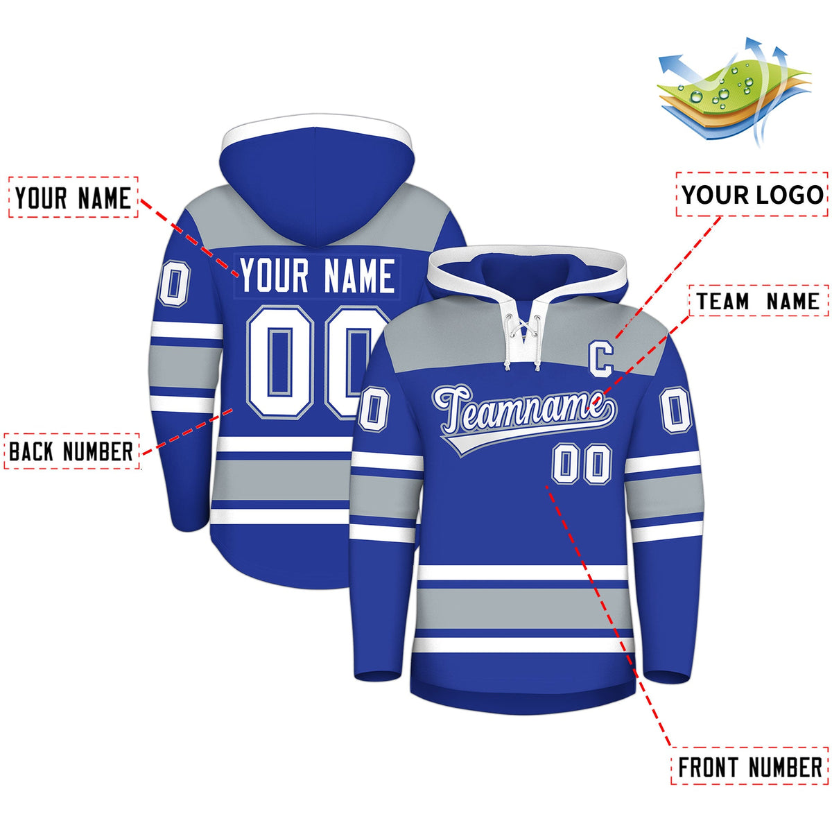Custom Hockey Hoodie Jersey Royal Blue Silver Raglan Sleeves Lace-Up Neck Personalized Jersey for Men &amp; Youth