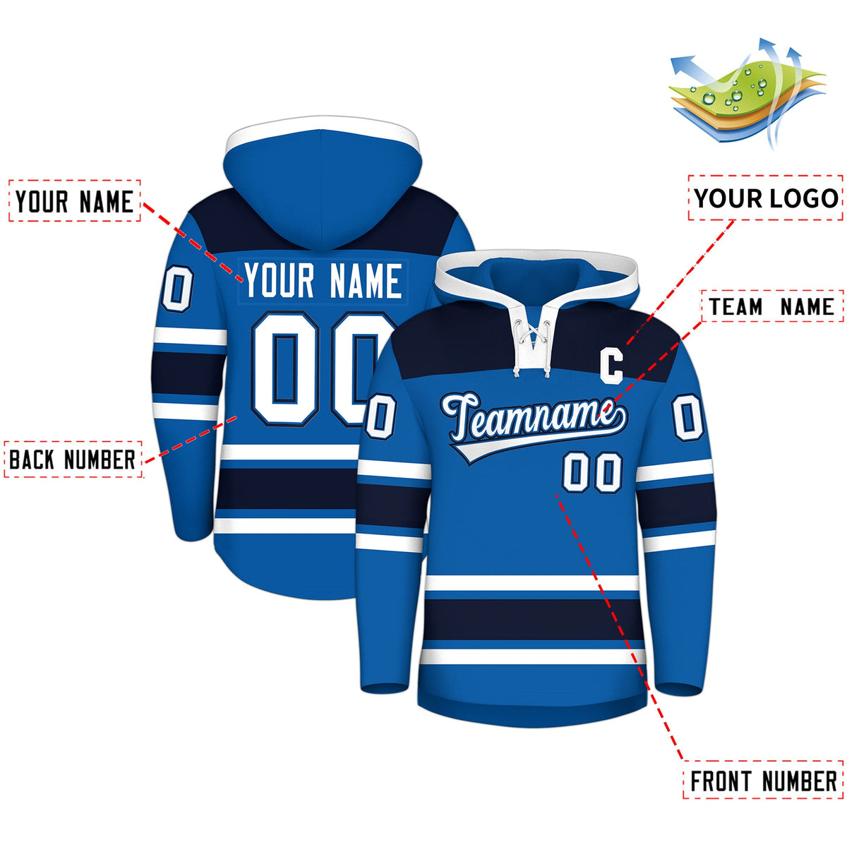 Custom Hockey Hoodie Jersey Royal Navy Raglan Sleeves Lace-Up Neck Personal Name &amp; Number &amp; Logo