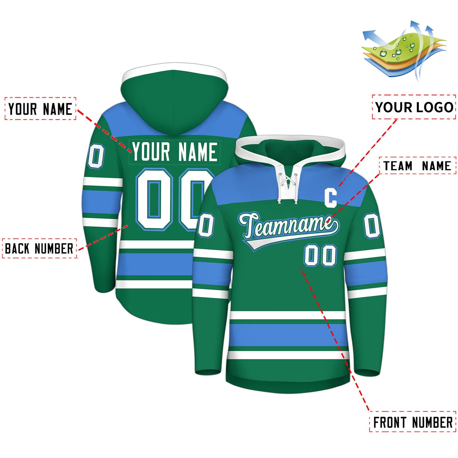 Custom Hockey Hoodie Jersey Kelly Green Powder Blue Raglan Sleeves Lace-Up Neck Classic Team Colors Hoodie