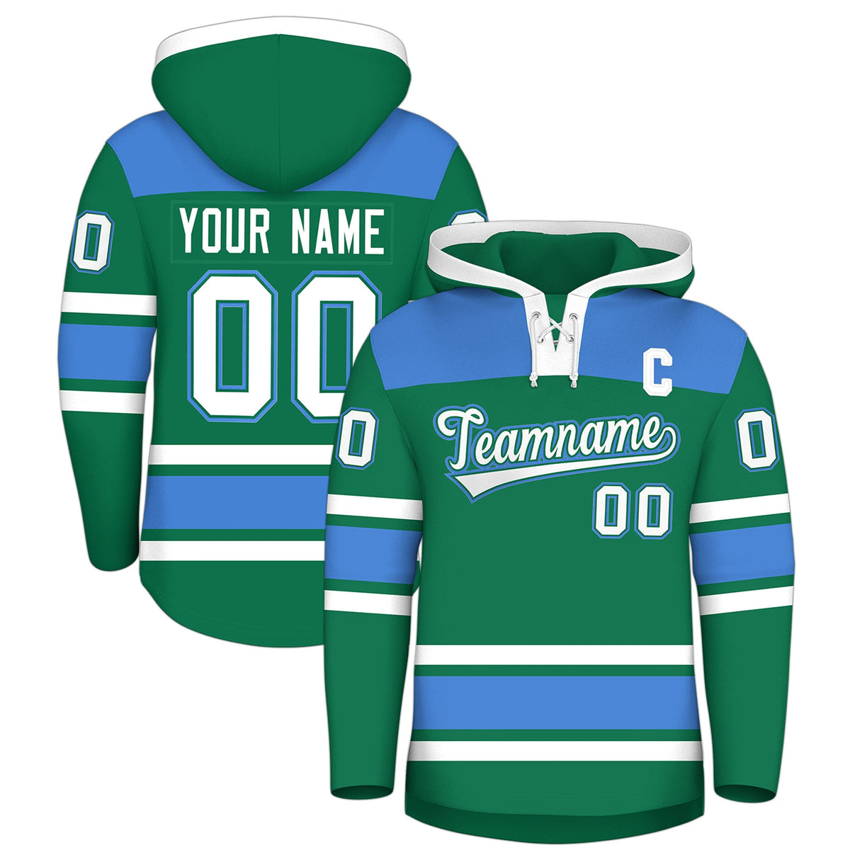 Custom Hockey Hoodie Jersey Kelly Green Powder Blue Raglan Sleeves Lace-Up Neck Classic Team Colors Hoodie