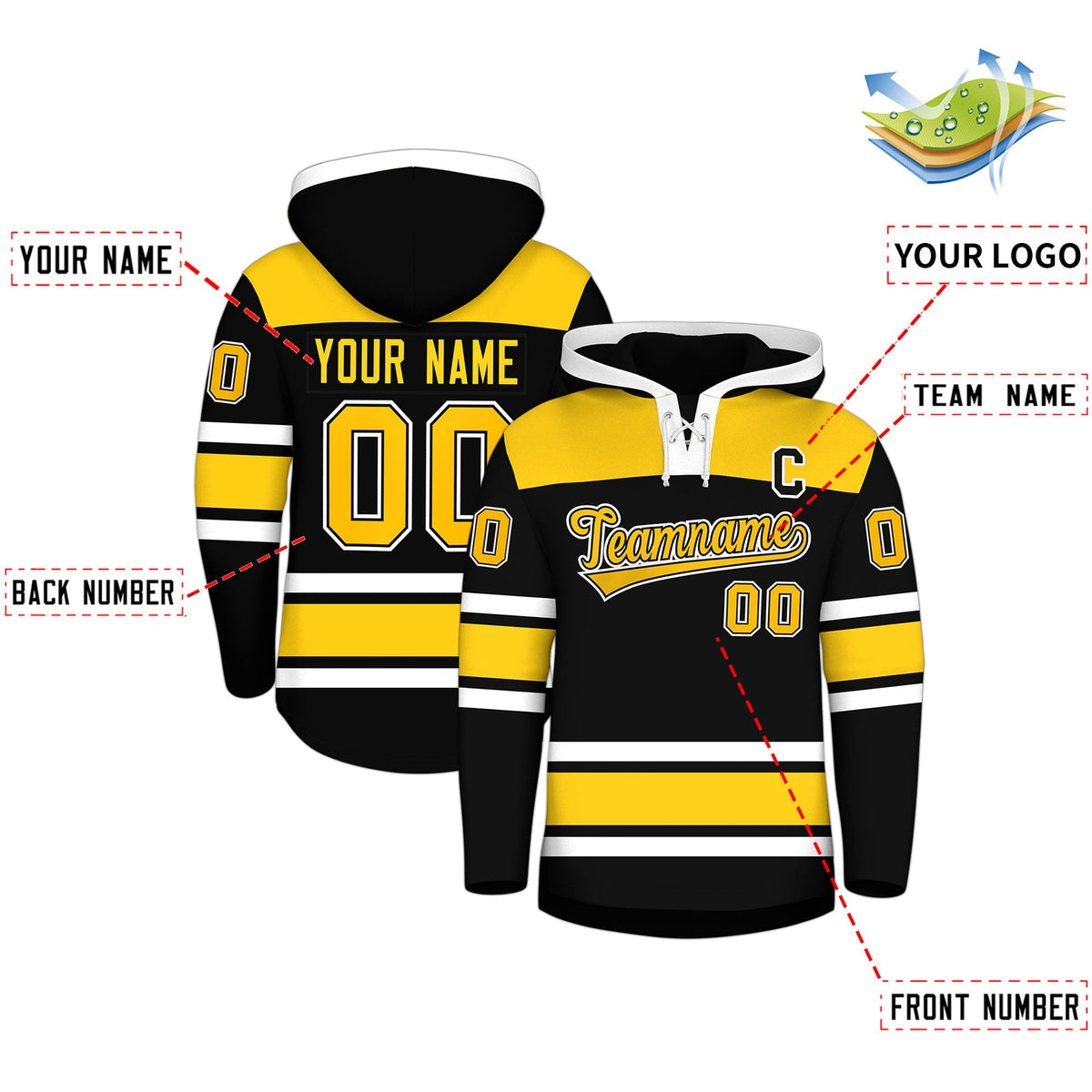 Custom Hockey Hoodie Jersey Black Gold Raglan Sleeves Lace-Up Neck Personalized Jersey for Men &amp; Youth