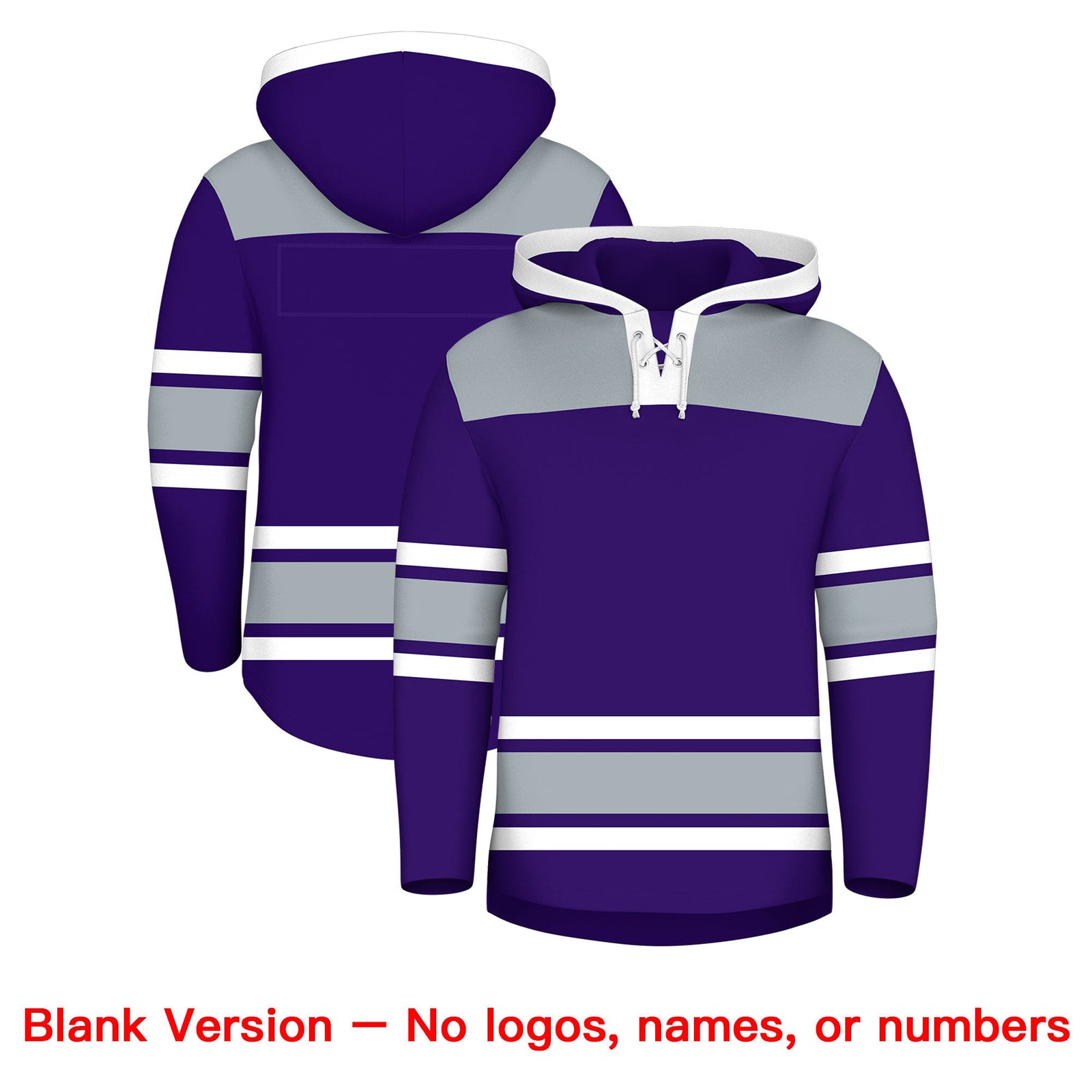 Custom Hockey Hoodie Jersey Purple Silver Raglan Sleeves Lace-Up Neck Personal Name & Number & Logo