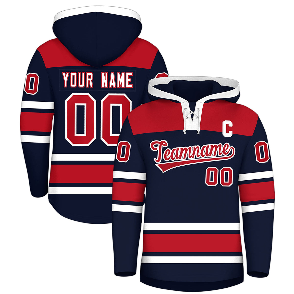 Custom Hockey Hoodie Jersey Navy Red Raglan Sleeves Lace-Up Neck Classic Team Colors Hoodie