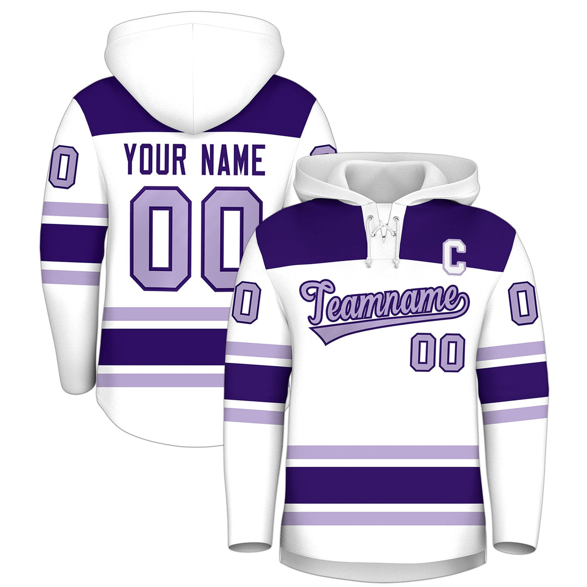 Custom Hockey Hoodie Jersey White Purple Raglan Sleeves Lace-Up Neck Personalized Jersey for Men &amp; Youth