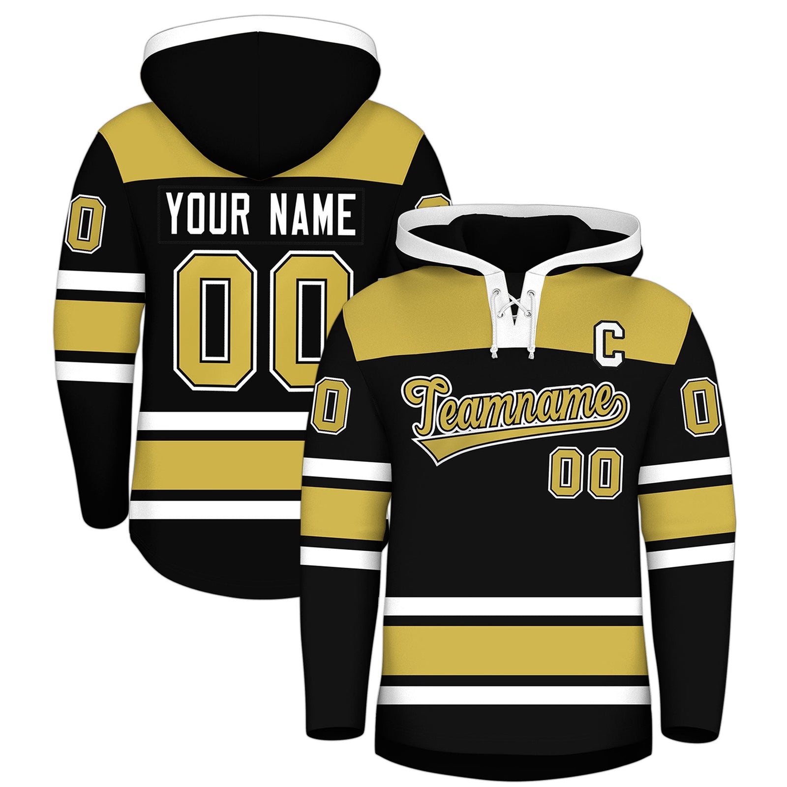 Custom Hockey Hoodie Jersey Black Old Gold Raglan Sleeves Lace-Up Neck Personal Name & Number & Logo