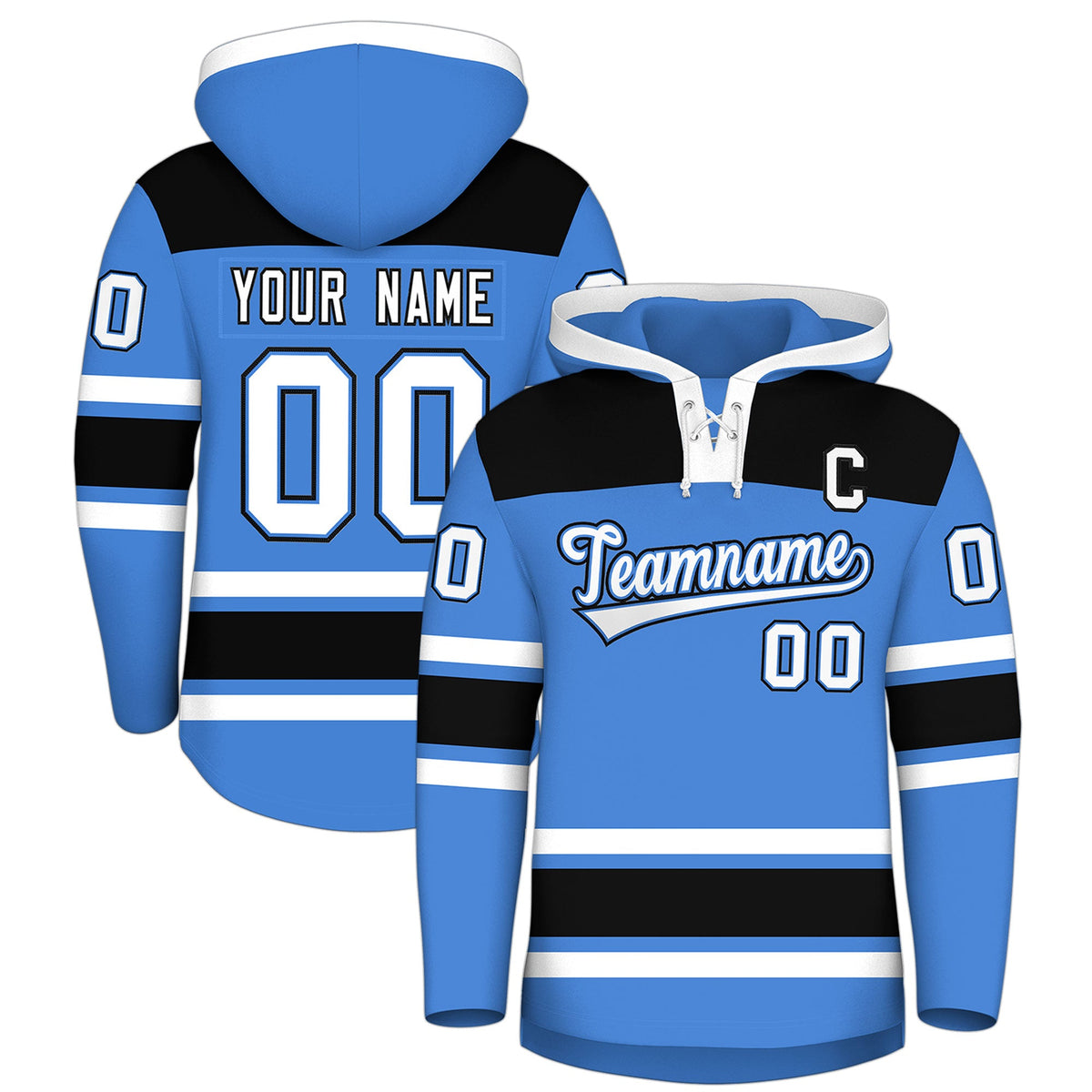 Custom Hockey Hoodie Jersey Powder Blue Black Raglan Sleeves Lace-Up Neck Classic Team Colors Hoodie
