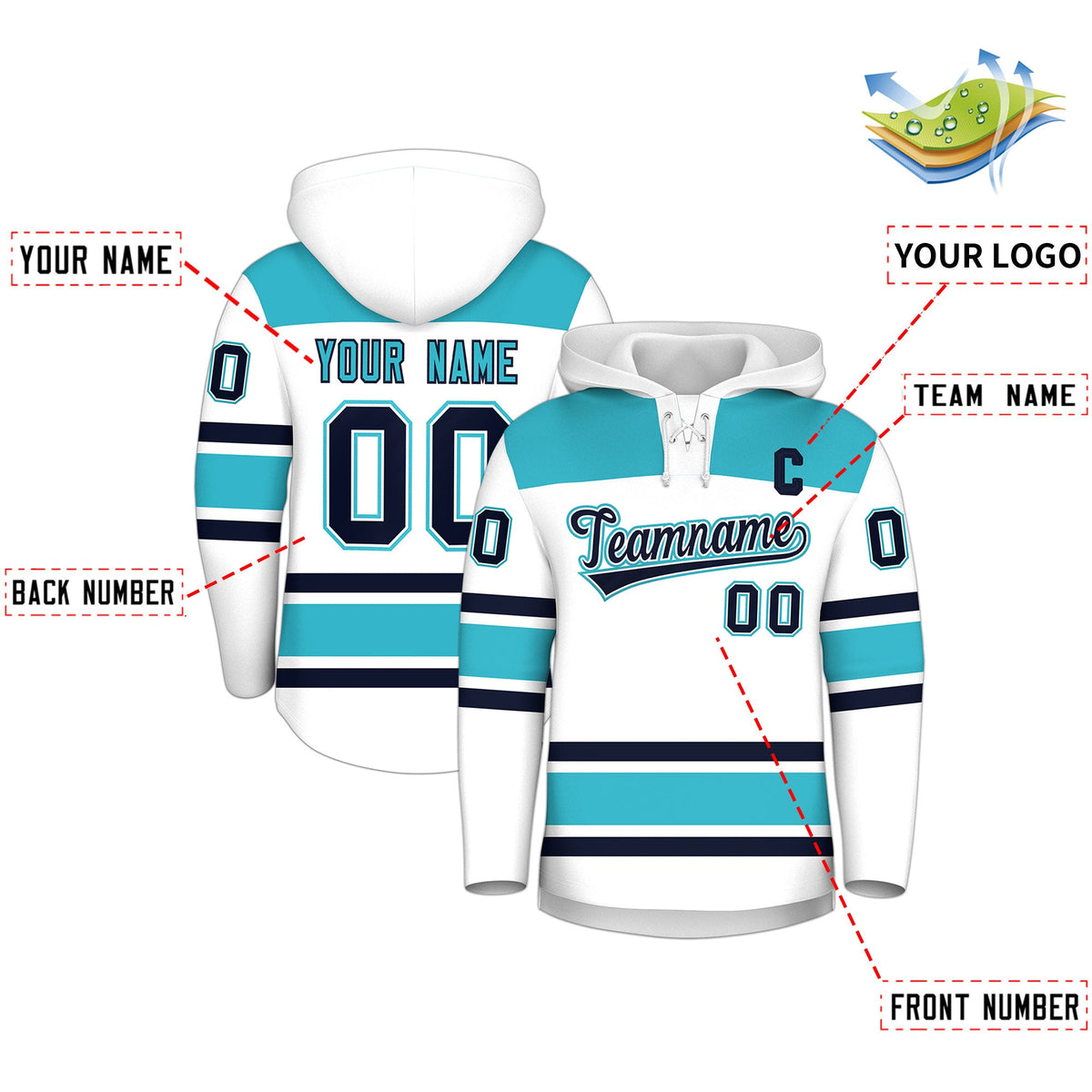 Custom Hockey Hoodie Jersey White Sky Blue Raglan Sleeves Lace-Up Neck Personalized Jersey for Men &amp; Youth