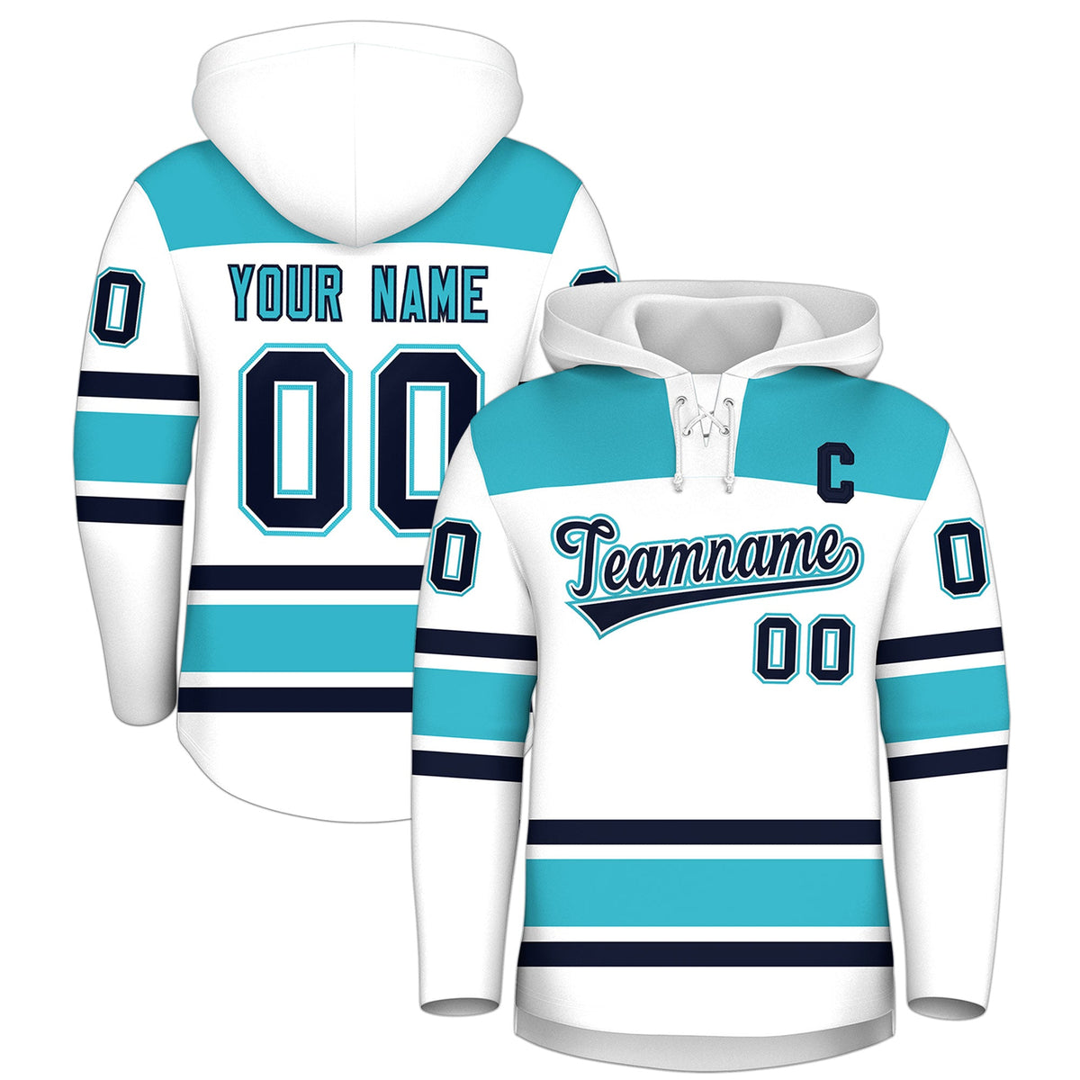 Custom Hockey Hoodie Jersey White Sky Blue Raglan Sleeves Lace-Up Neck Personalized Jersey for Men &amp; Youth