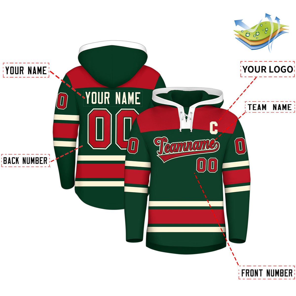 Custom Hockey Hoodie Jersey Green Red Raglan Sleeves Lace-Up Neck Classic Team Colors Hoodie