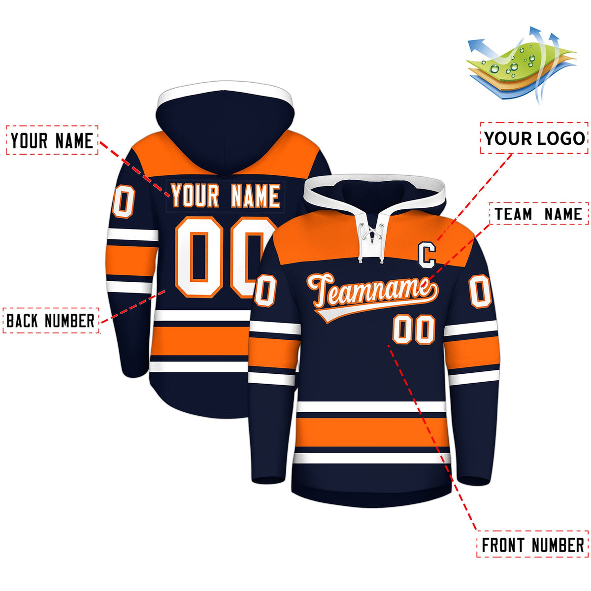 Custom Hockey Hoodie Jersey Navy Orange Raglan Sleeves Lace-Up Neck Personal Name &amp; Number &amp; Logo