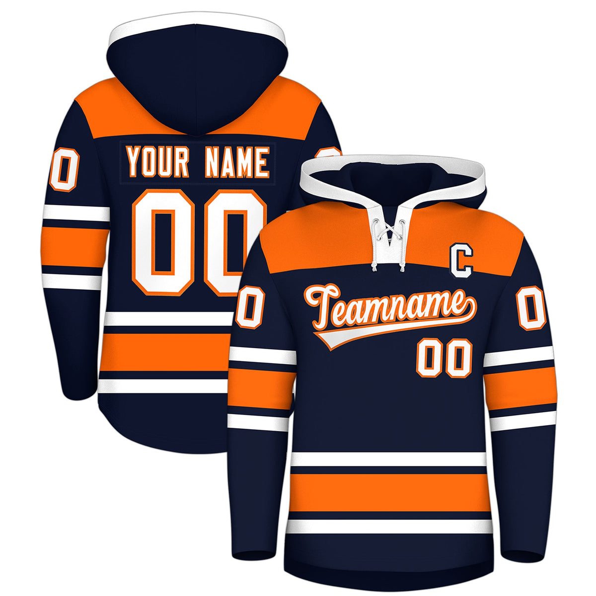 Custom Hockey Hoodie Jersey Navy Orange Raglan Sleeves Lace-Up Neck Personal Name &amp; Number &amp; Logo