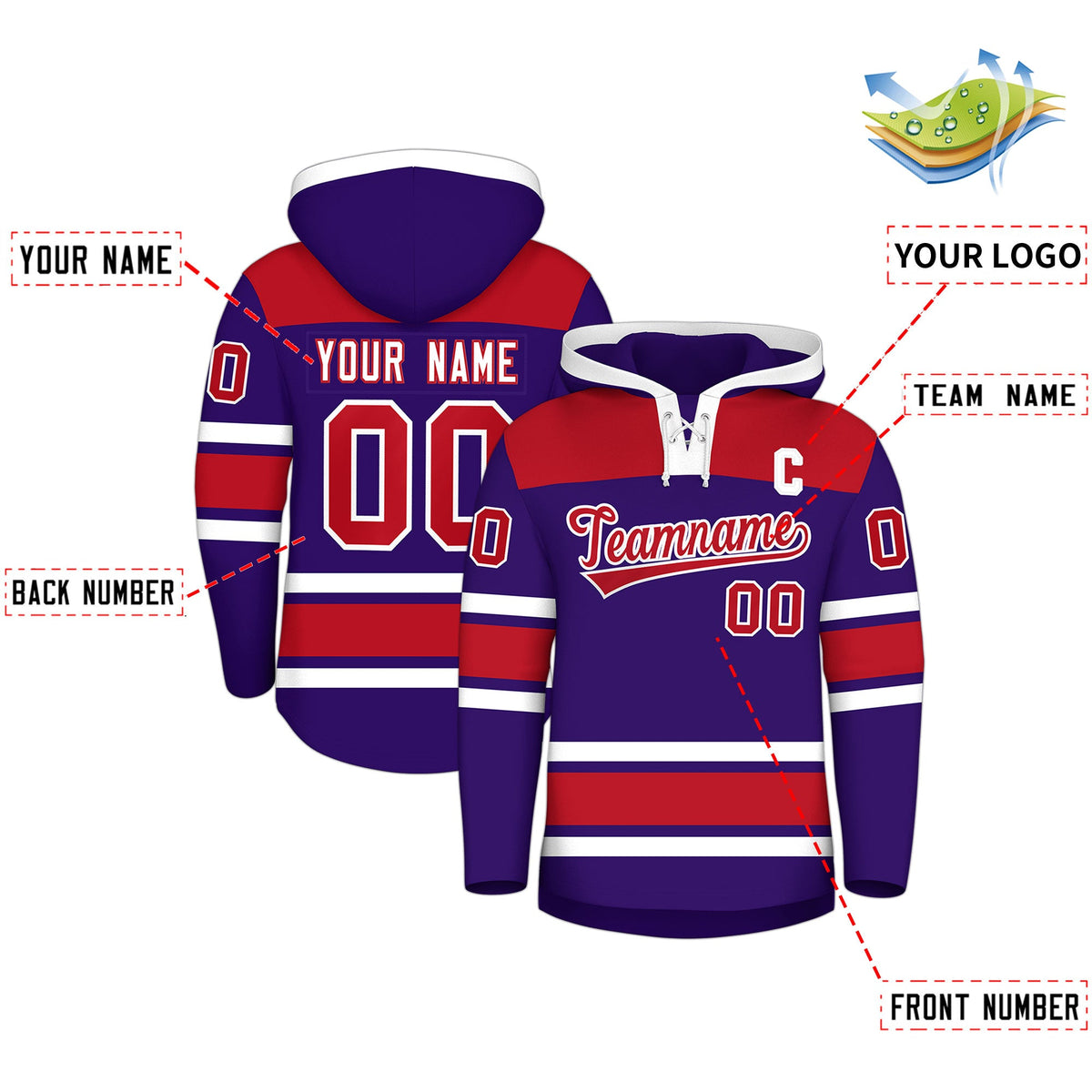 Custom Hockey Hoodie Jersey Purple Red Raglan Sleeves Lace-Up Neck Classic Team Colors Hoodie
