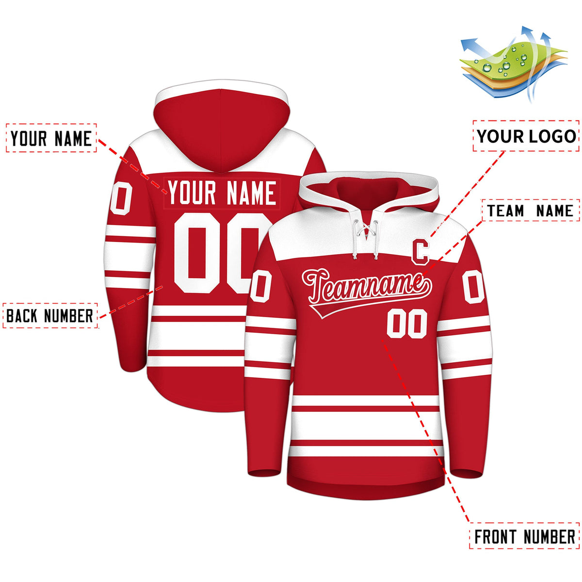 Custom Hockey Hoodie Jersey Red White Raglan Sleeves Lace-Up Neck Personalized Jersey for Men &amp; Youth