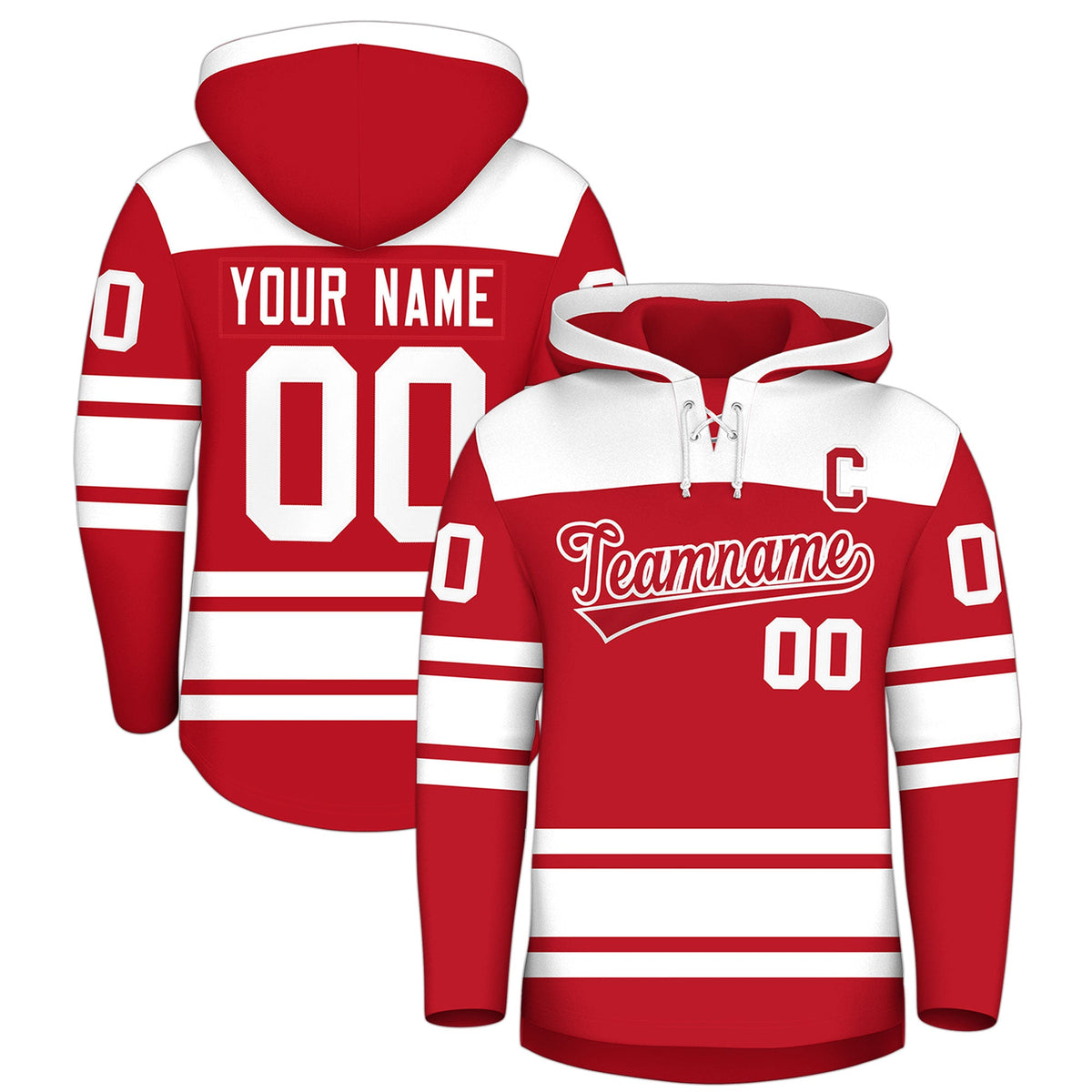 Custom Hockey Hoodie Jersey Red White Raglan Sleeves Lace-Up Neck Personalized Jersey for Men &amp; Youth