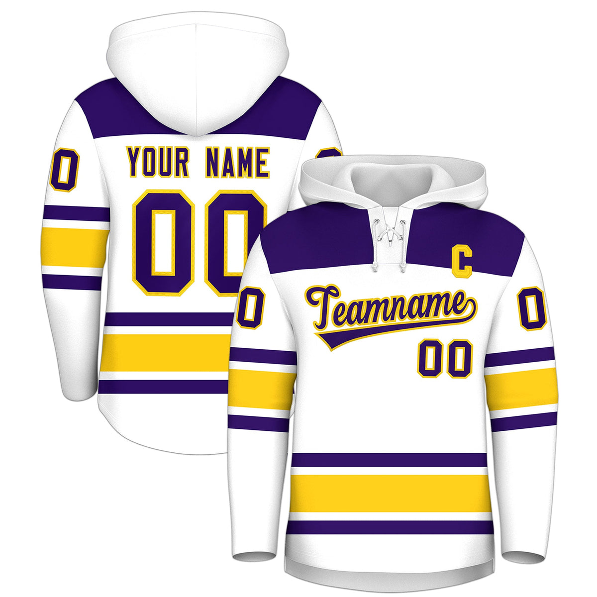 Custom Hockey Hoodie Jersey White Gold Raglan Sleeves Lace-Up Neck Personal Name &amp; Number &amp; Logo