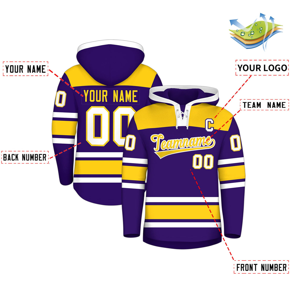 Custom Hockey Hoodie Jersey Purple Gold Raglan Sleeves Lace-Up Neck Personalized Jersey for Men &amp; Youth