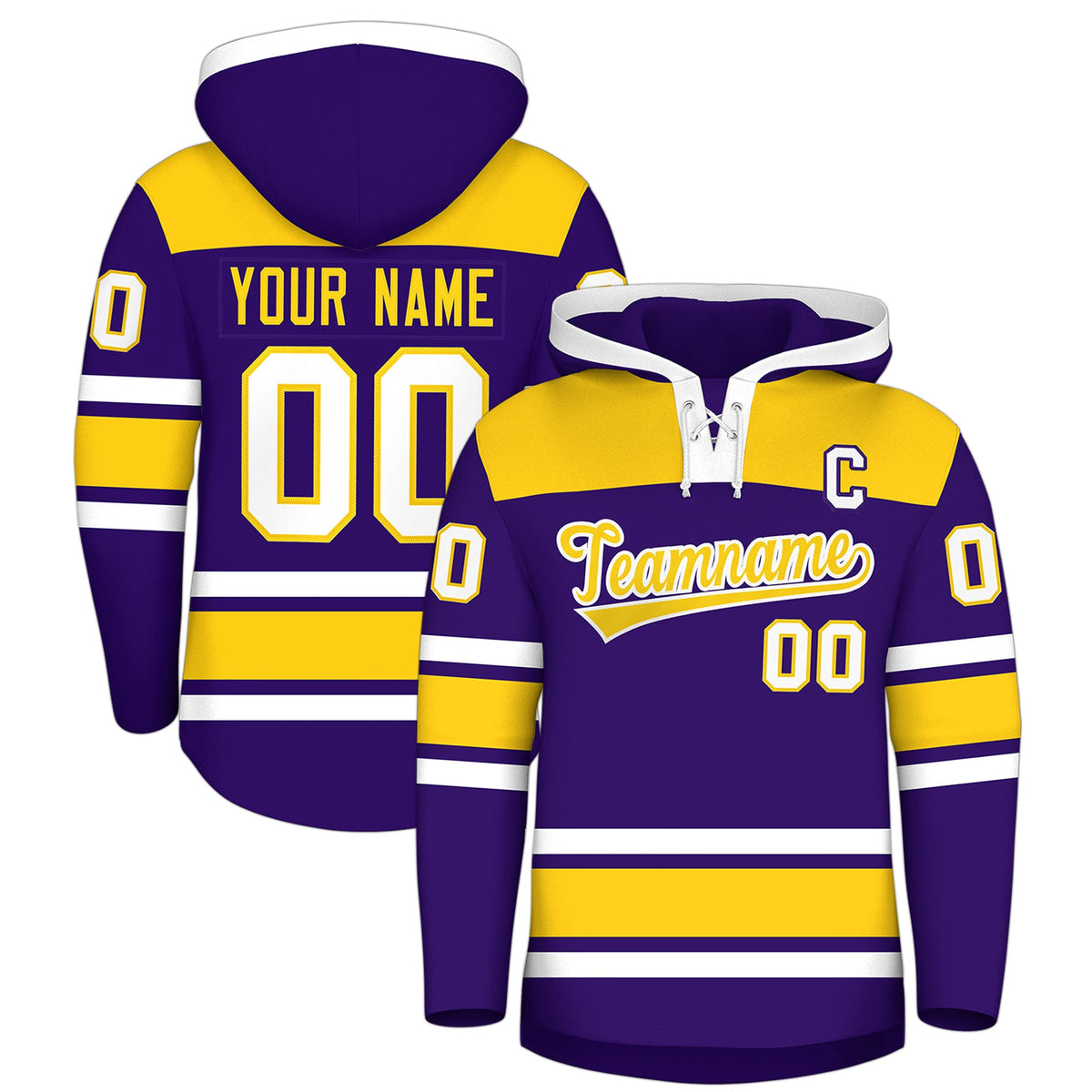 Custom Hockey Hoodie Jersey Purple Gold Raglan Sleeves Lace-Up Neck Personalized Jersey for Men &amp; Youth