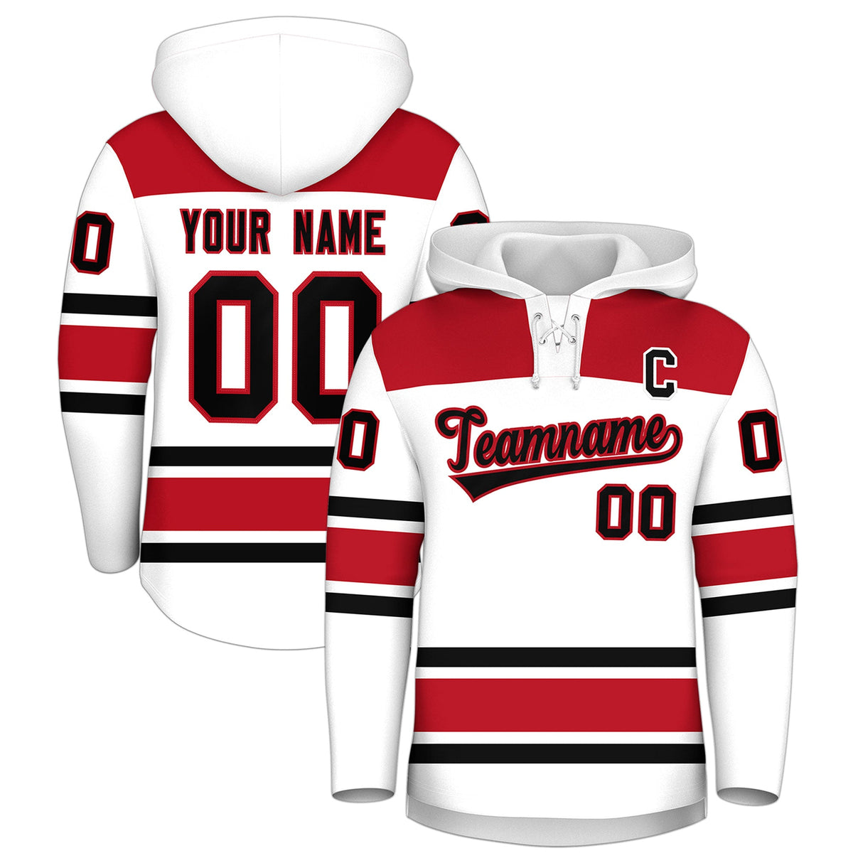 Custom Hockey Hoodie Jersey White Red Raglan Sleeves Lace-Up Neck Classic Team Colors Hoodie