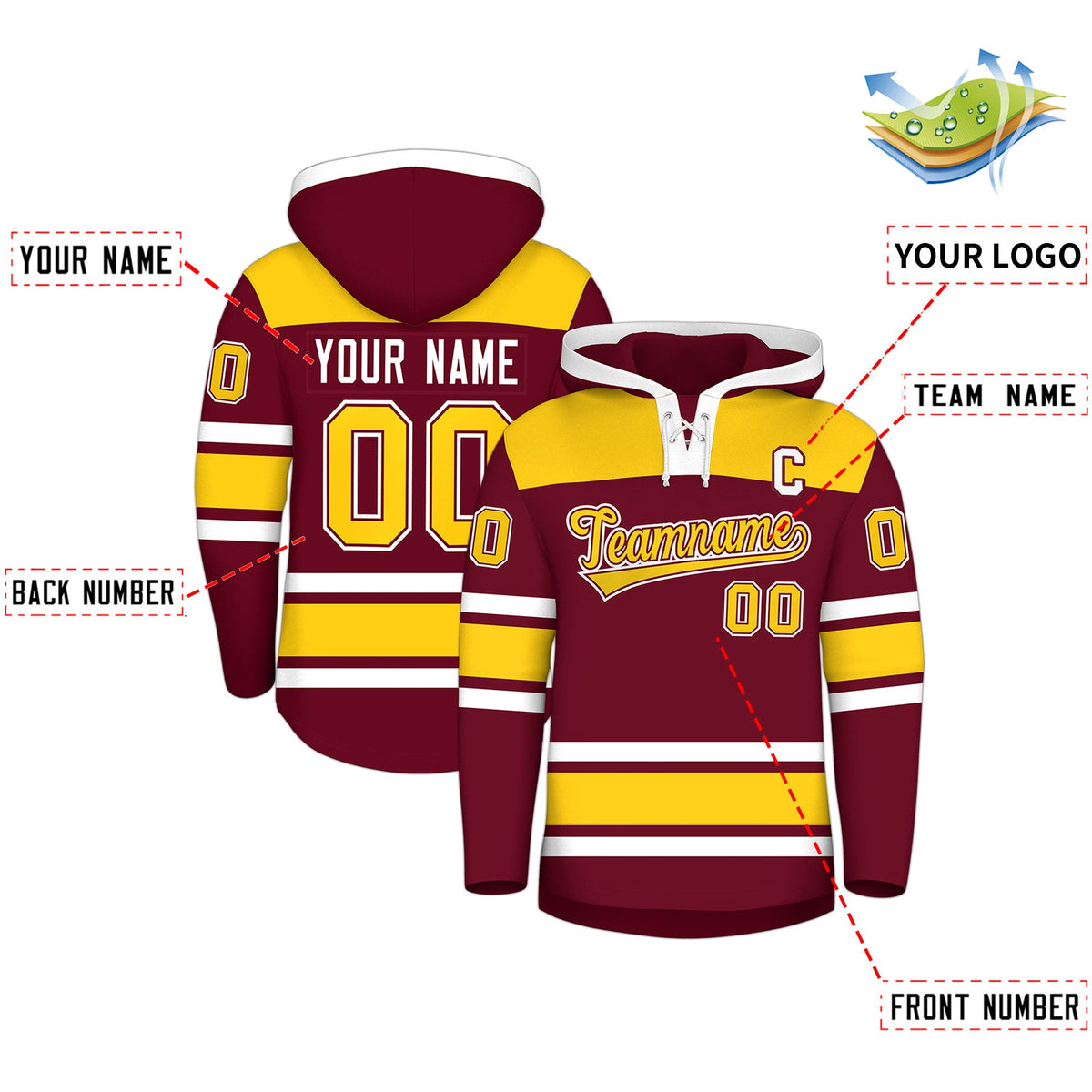 Custom Hockey Hoodie Jersey Crimson Gold Raglan Sleeves Lace-Up Neck Personalized Jersey for Men &amp; Youth