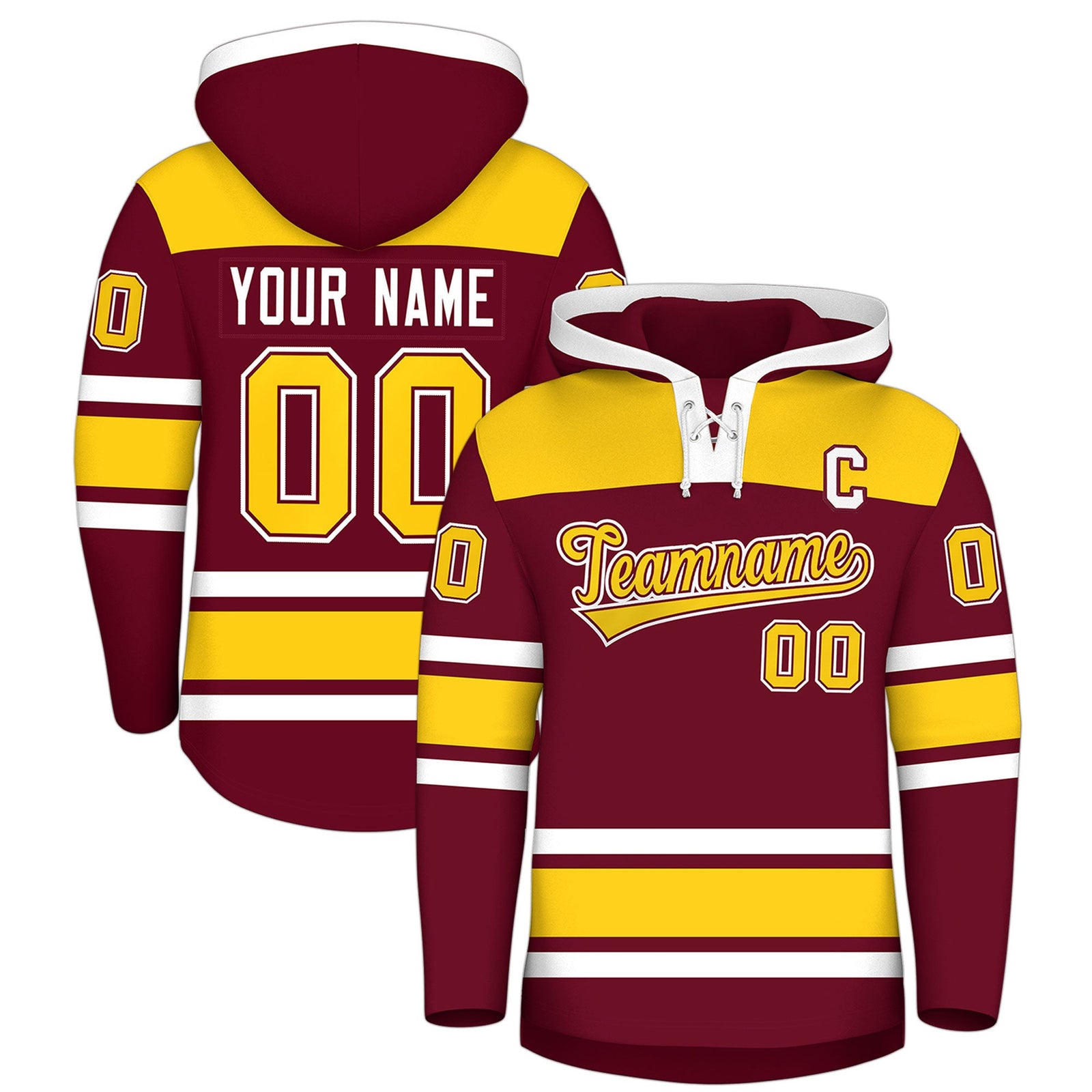 Custom Hockey Hoodie Jersey Crimson Gold Raglan Sleeves Lace-Up Neck Personalized Jersey for Men & Youth