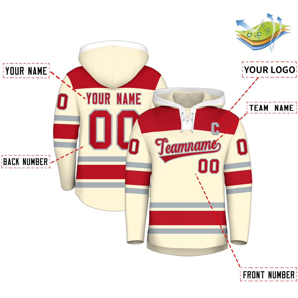 Custom Hockey Hoodie Jersey Cream Red Raglan Sleeves Lace-Up Neck Personal Name &amp; Number &amp; Logo