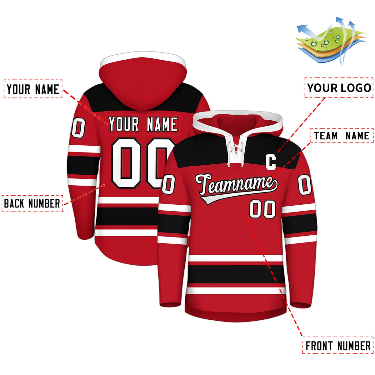 Custom Hockey Hoodie Jersey Red Black Raglan Sleeves Lace-Up Neck Classic Team Colors Hoodie