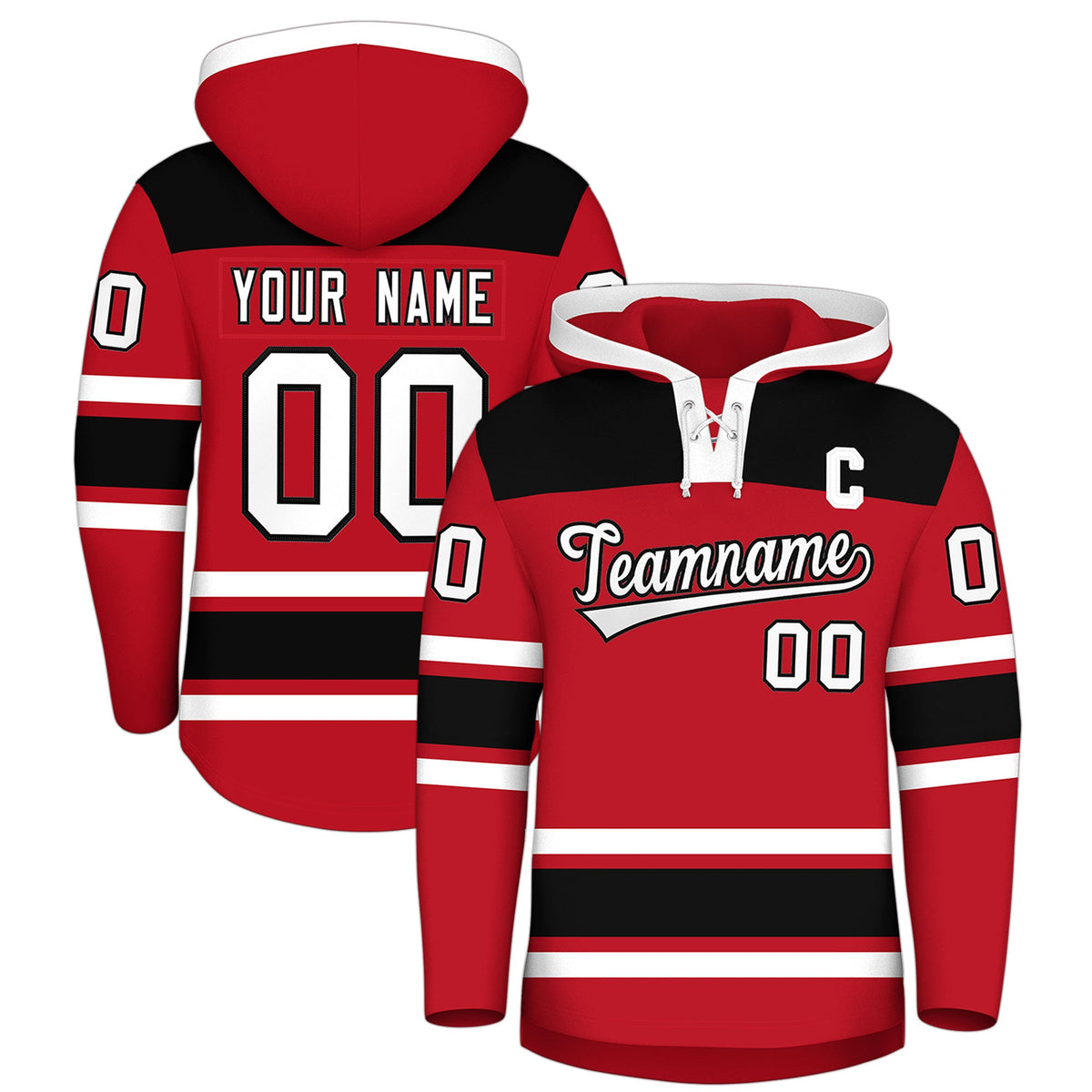 Custom Hockey Hoodie Jersey Red Black Raglan Sleeves Lace-Up Neck Classic Team Colors Hoodie