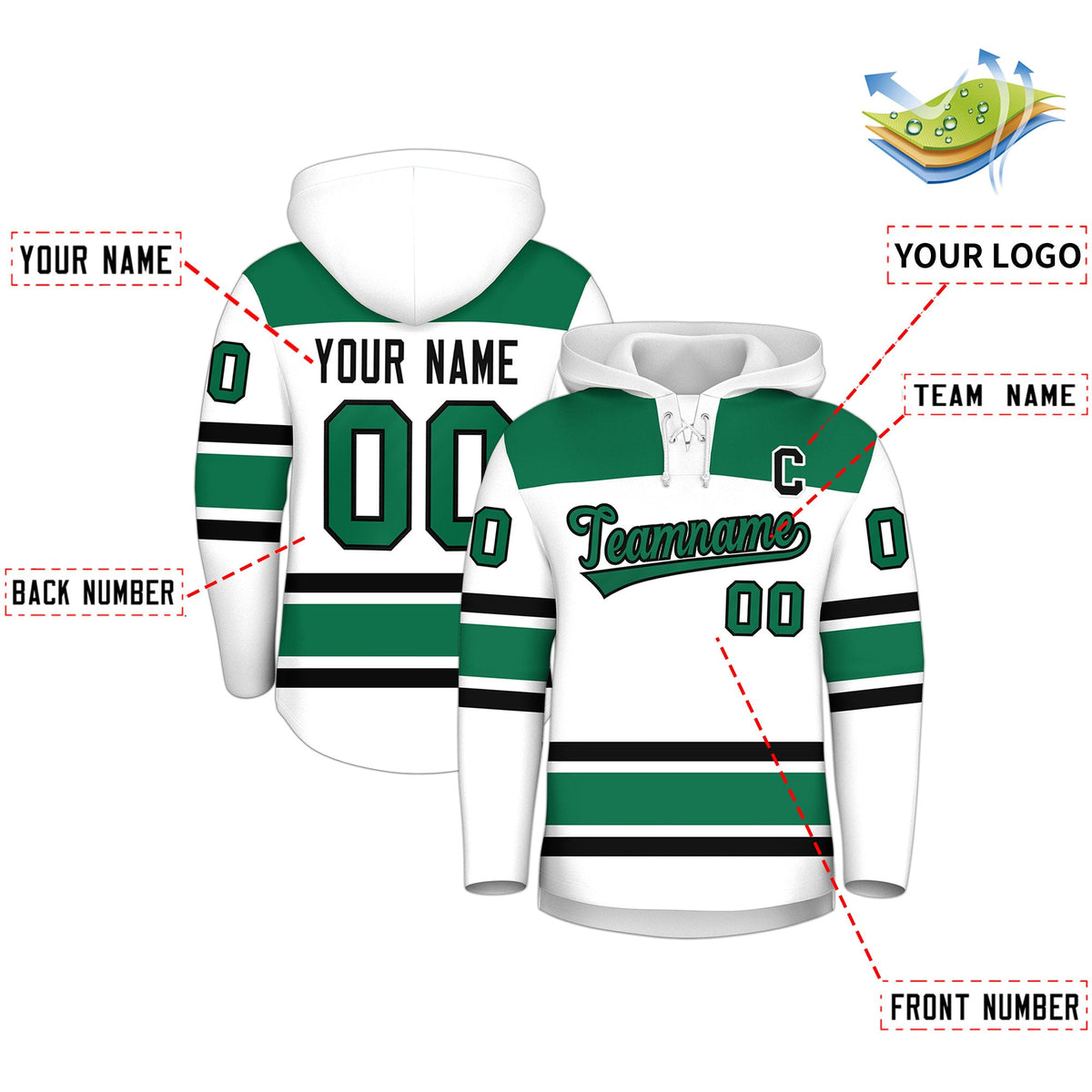 Custom Hockey Hoodie Jersey White Kelly Green Raglan Sleeves Lace-Up Neck Personalized Jersey for Men &amp; Youth